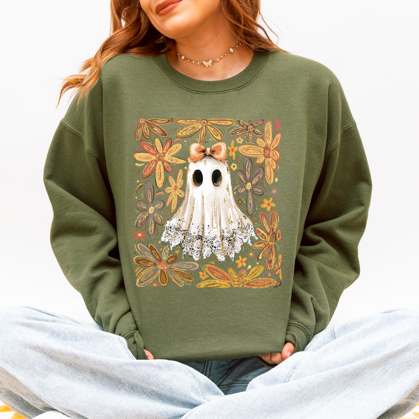 Beautiful Halloween, Flowers, Coquette Ghost Sweatshirt