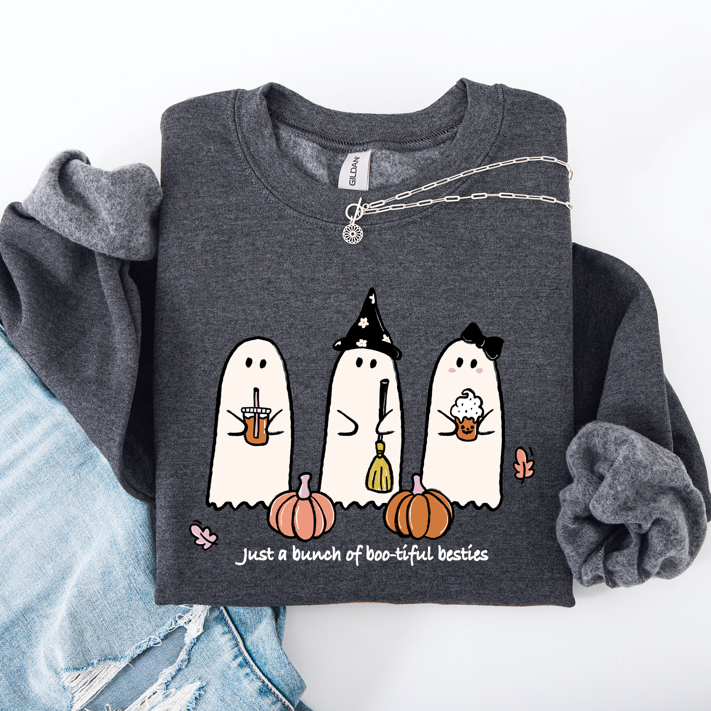 Besties, Halloween, Ghosts, Cute, Witch, Pumpkin Sweatshirt