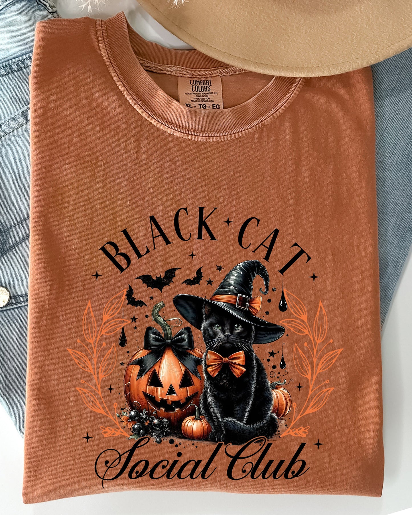 Black Cat Social Club Coquette Halloween Witch Pumpkin Jack-o-lantern Shirt Comfort Colors T-Shirt