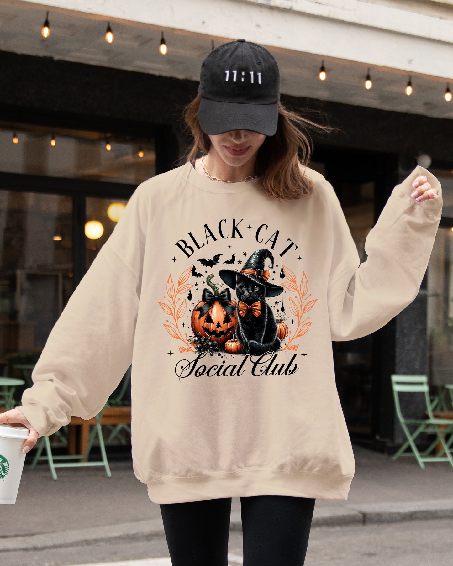 Halloween Coquette Black Cat Social Club Jack-o-lantern Sweatshirt
