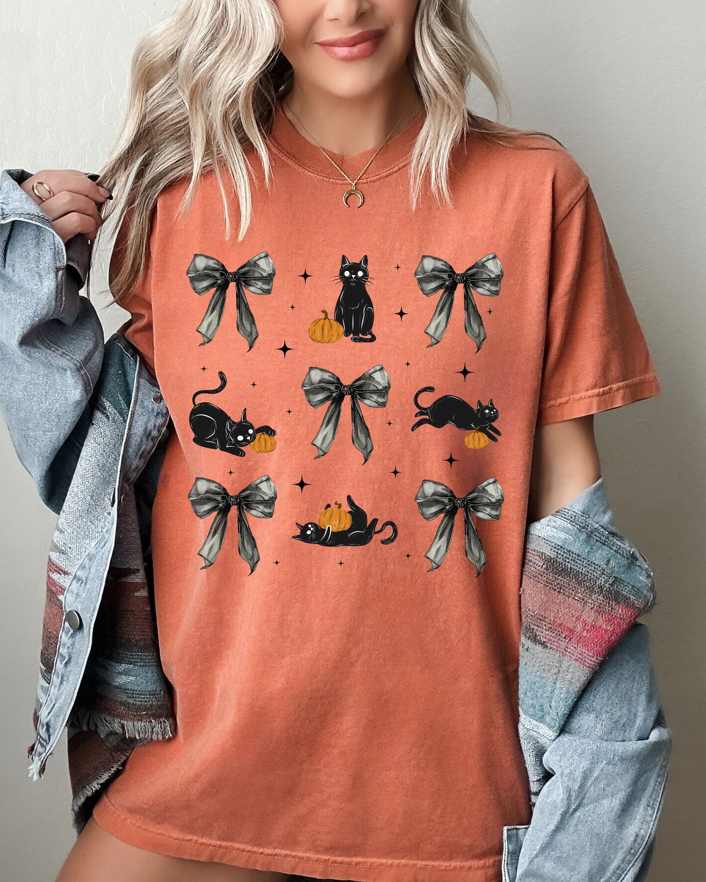 Black Cat Coquette Ribbons and Bows Cute Girly Fall Shirt Comfort Colors T-Shirt