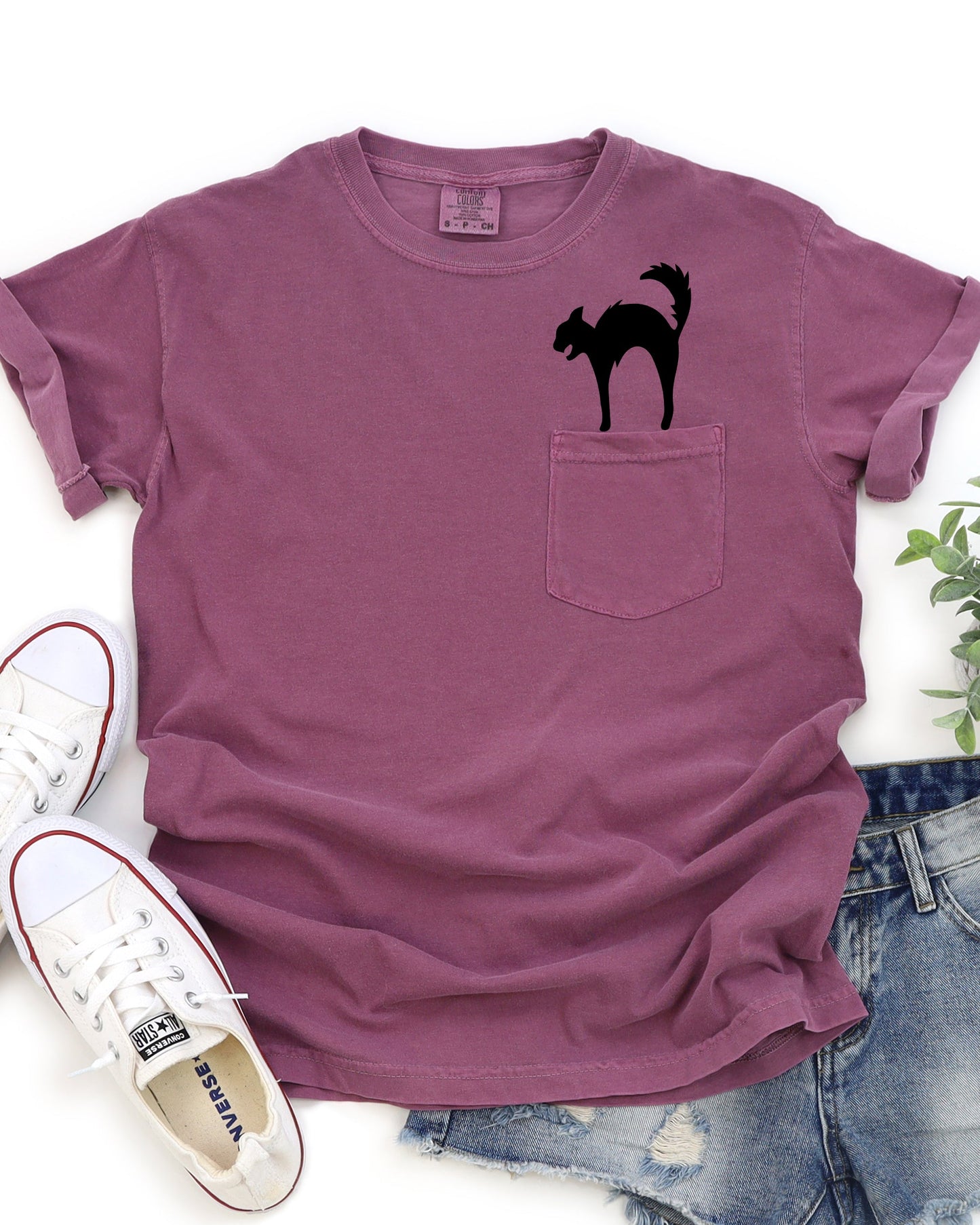 Halloween Pocket Spooky Witch Tee Comfort Colors T-Shirt Black Cat