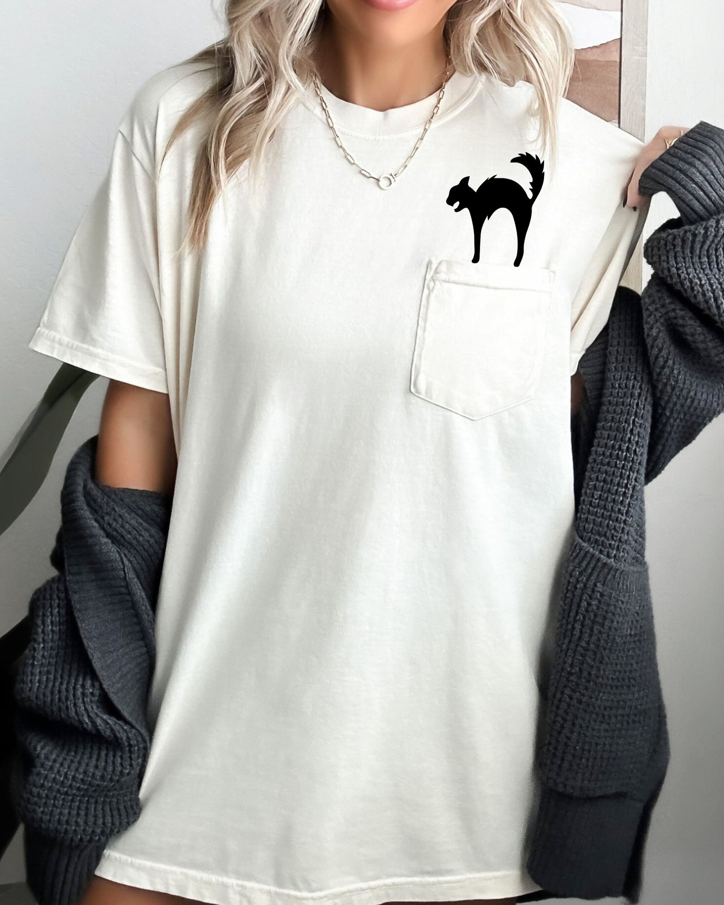 Halloween Pocket Spooky Witch Tee Comfort Colors T-Shirt Black Cat