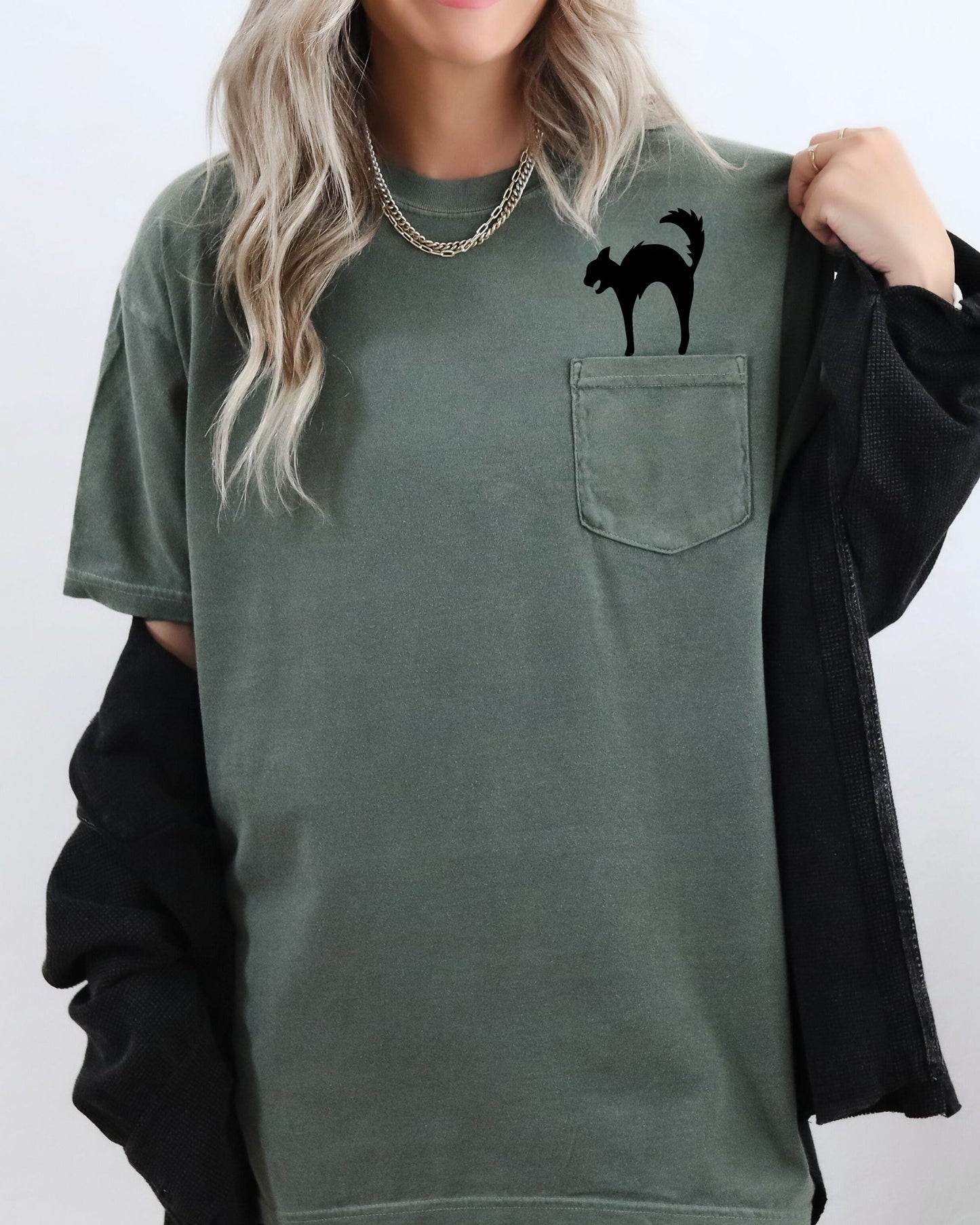 Halloween Pocket Spooky Witch Tee Comfort Colors T-Shirt Black Cat