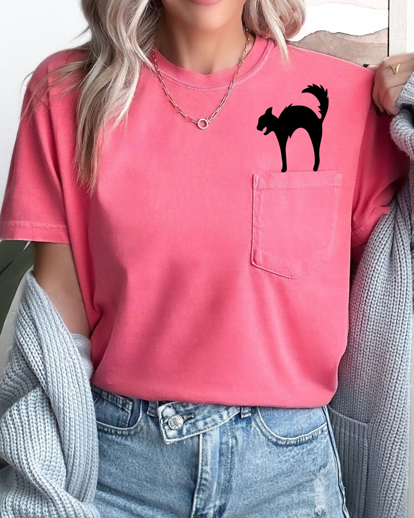 Halloween Pocket Spooky Witch Tee Comfort Colors T-Shirt Black Cat