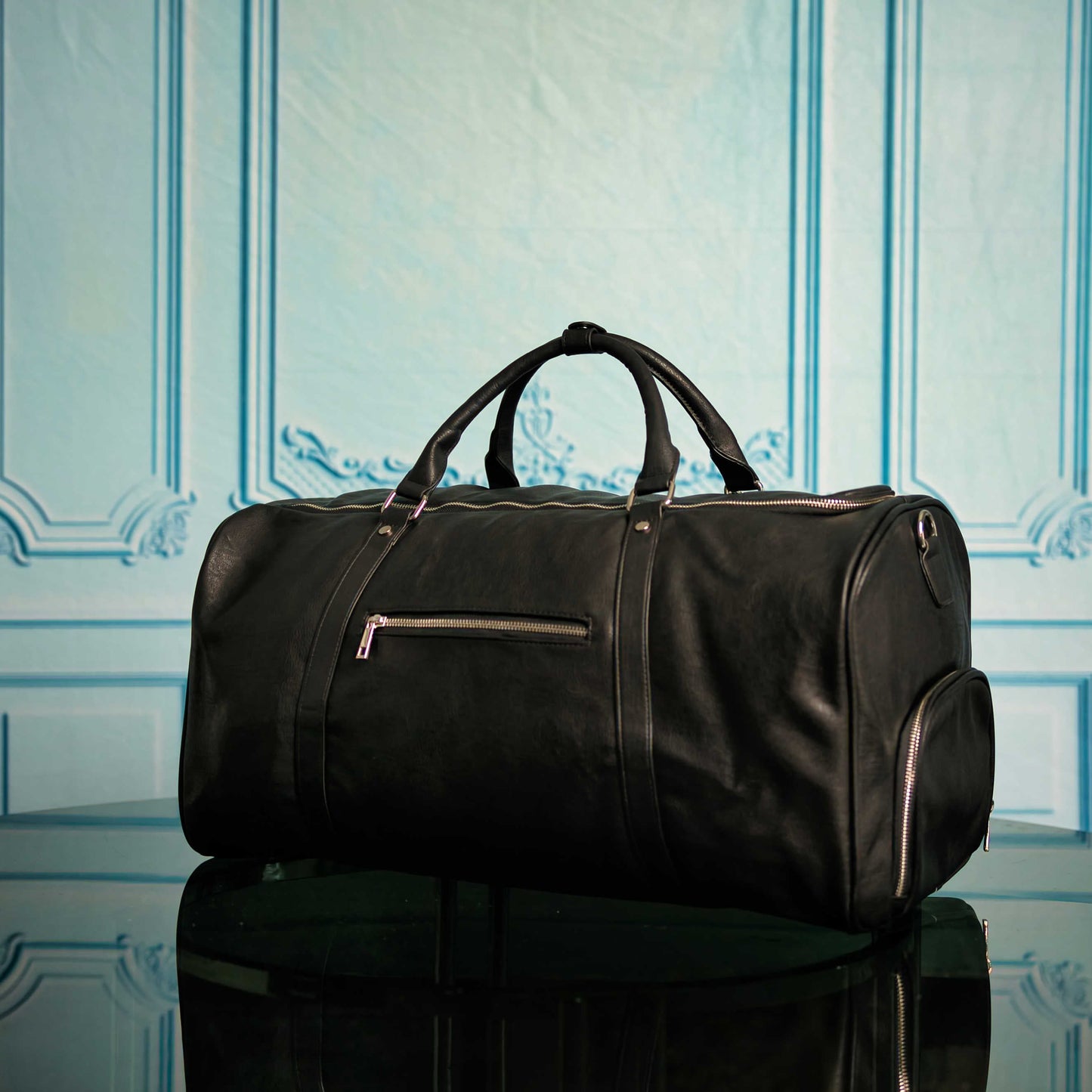 Black Leather Signature Backpack and Duffle Bag Set