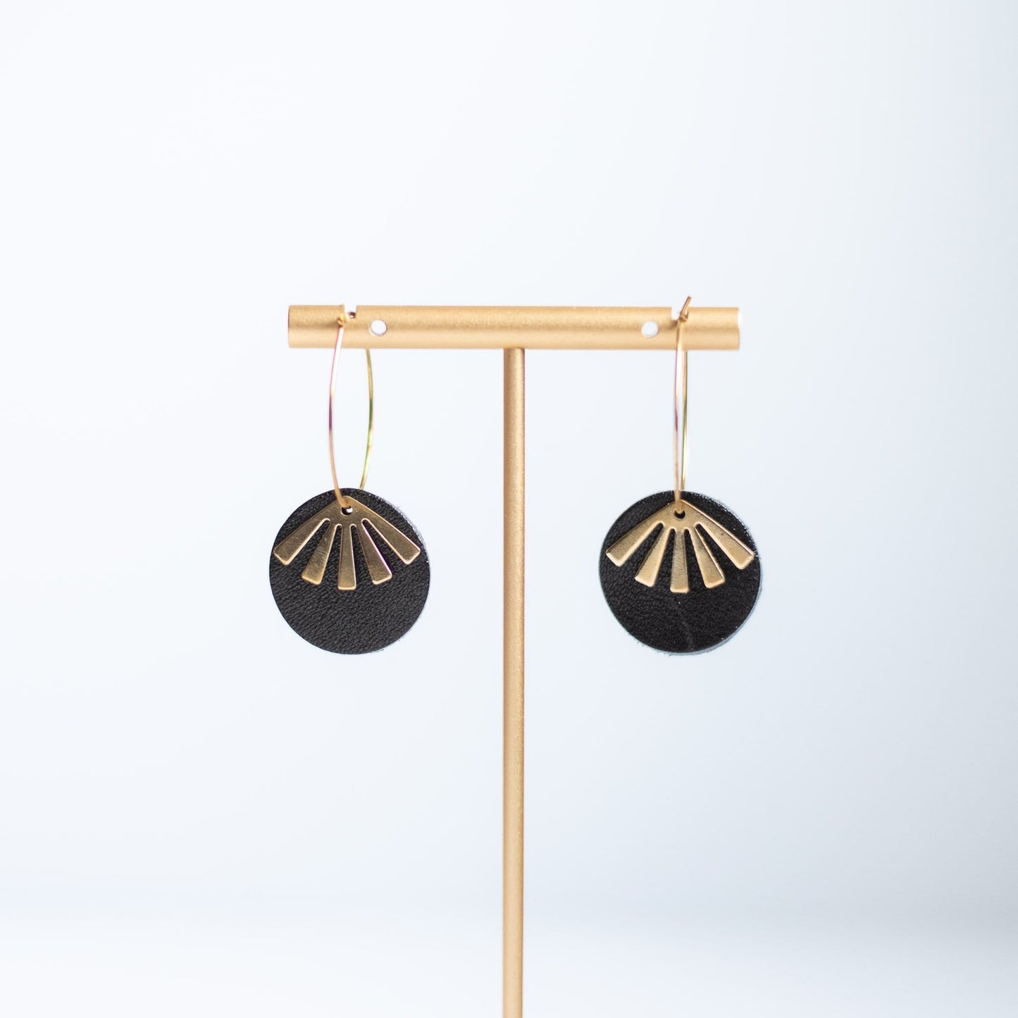 Black Leather Gold Hoop Earrings Black Oakleigh Earrings Sela Designs