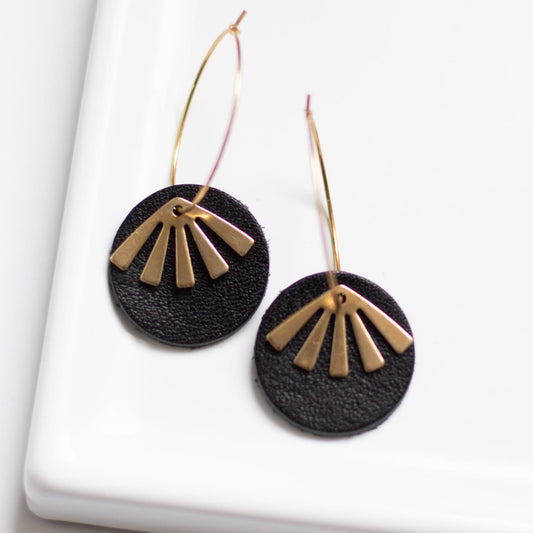 Black Leather Gold Hoop Earrings Black Oakleigh Earrings Sela Designs