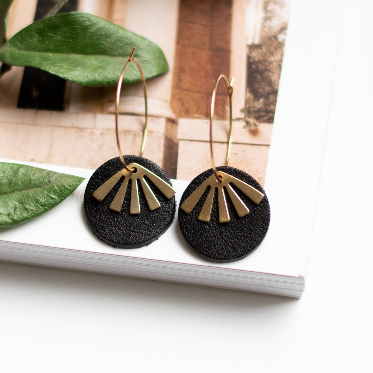 Black Leather Gold Hoop Earrings Black Oakleigh Earrings Sela Designs