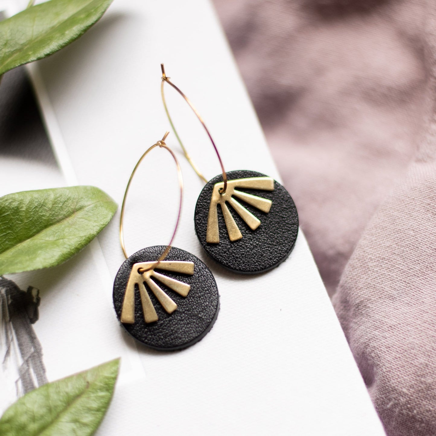 Black Leather Gold Hoop Earrings Black Oakleigh Earrings Sela Designs