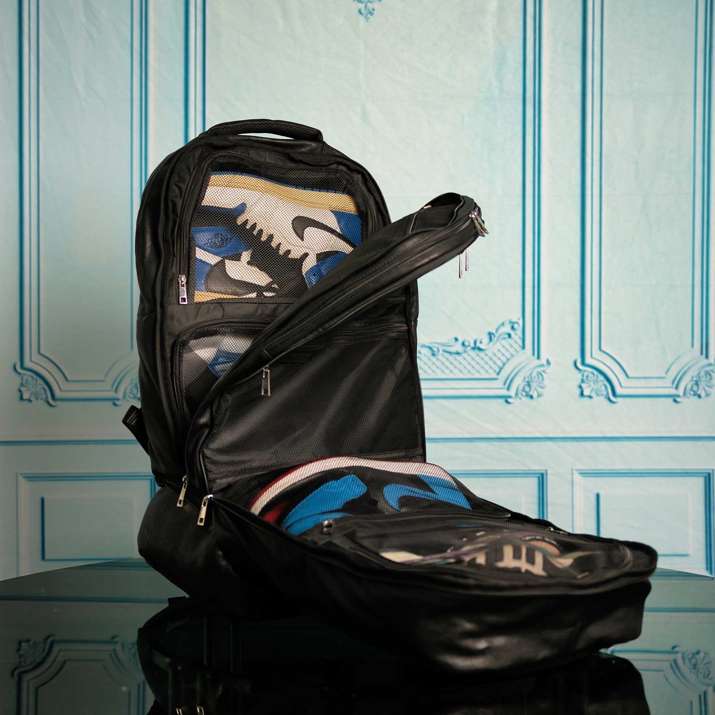 Black Leather Patented Carry On Backpack Sole Premise