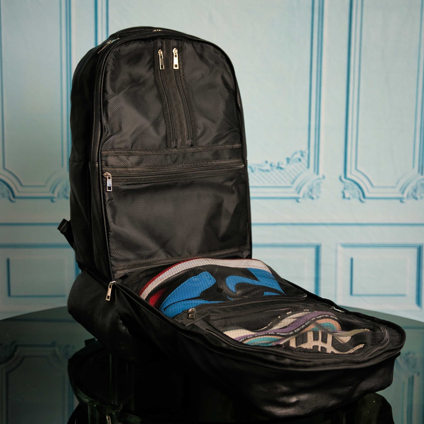 Black Leather Patented Carry On Backpack Sole Premise
