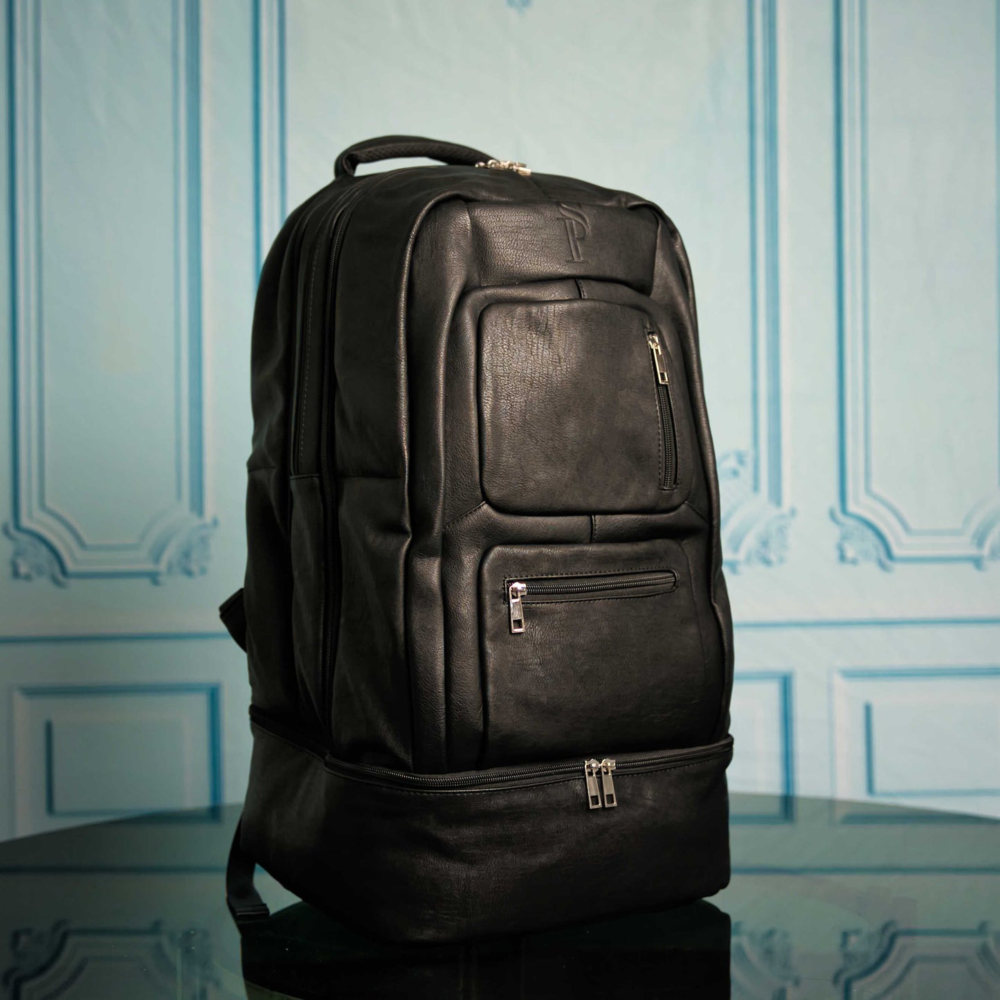 Black Leather Signature Backpack and Duffle Bag Set