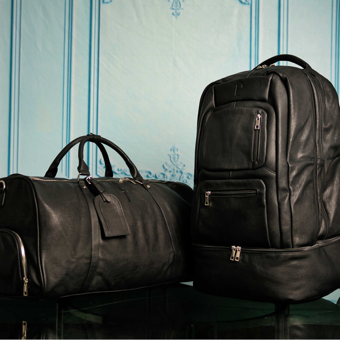 Black Tumbled Leather XL Signature Backpack and Duffle Bag Set
