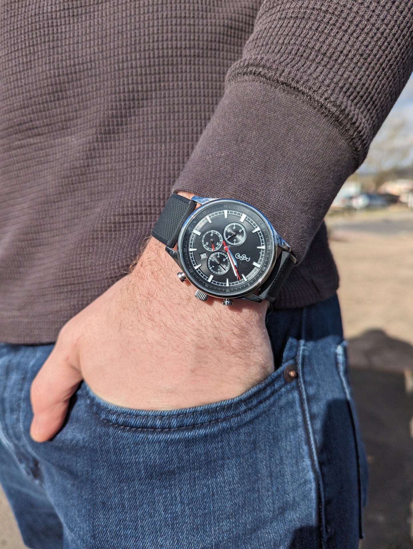 Black Sport Chronograph Black Silicone Strap Watch The Beyond Boring Watch Company