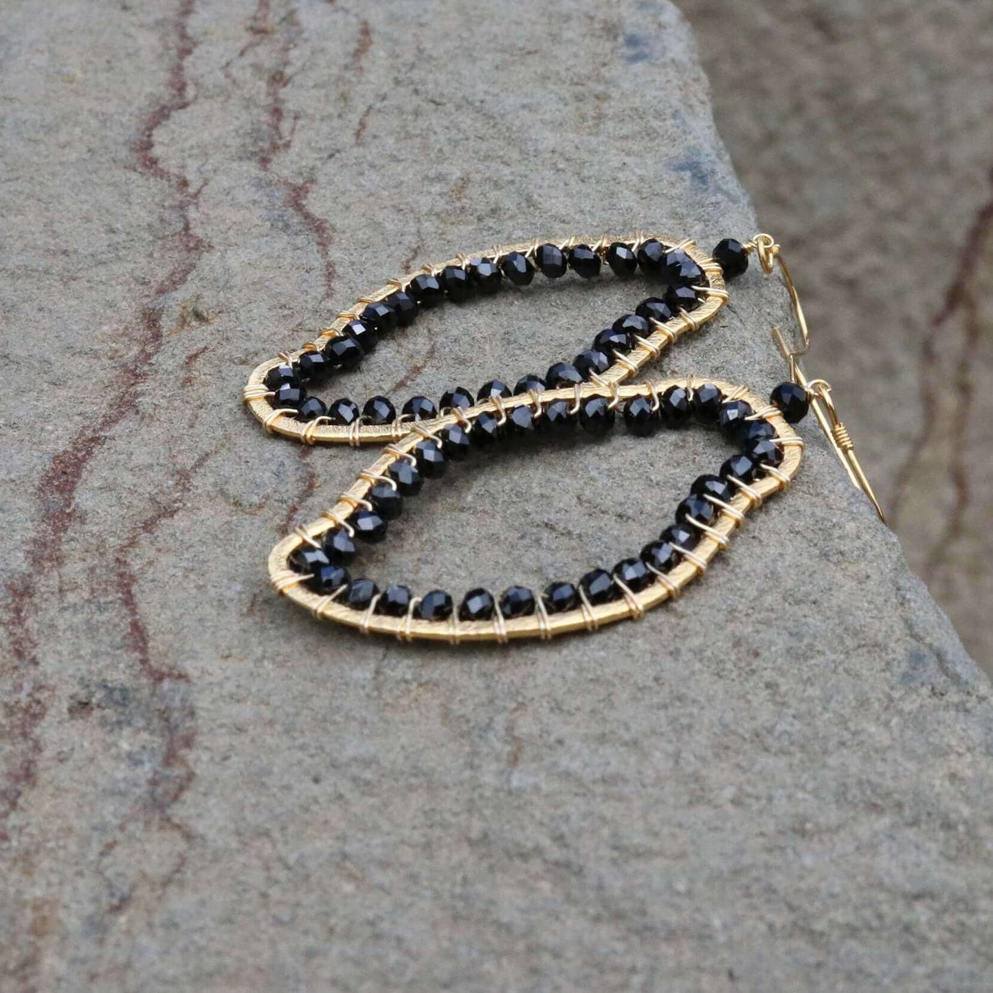 Black Spinel Unique Freestyle Earrings 14k Gold Plated PARKEN JEWELRY