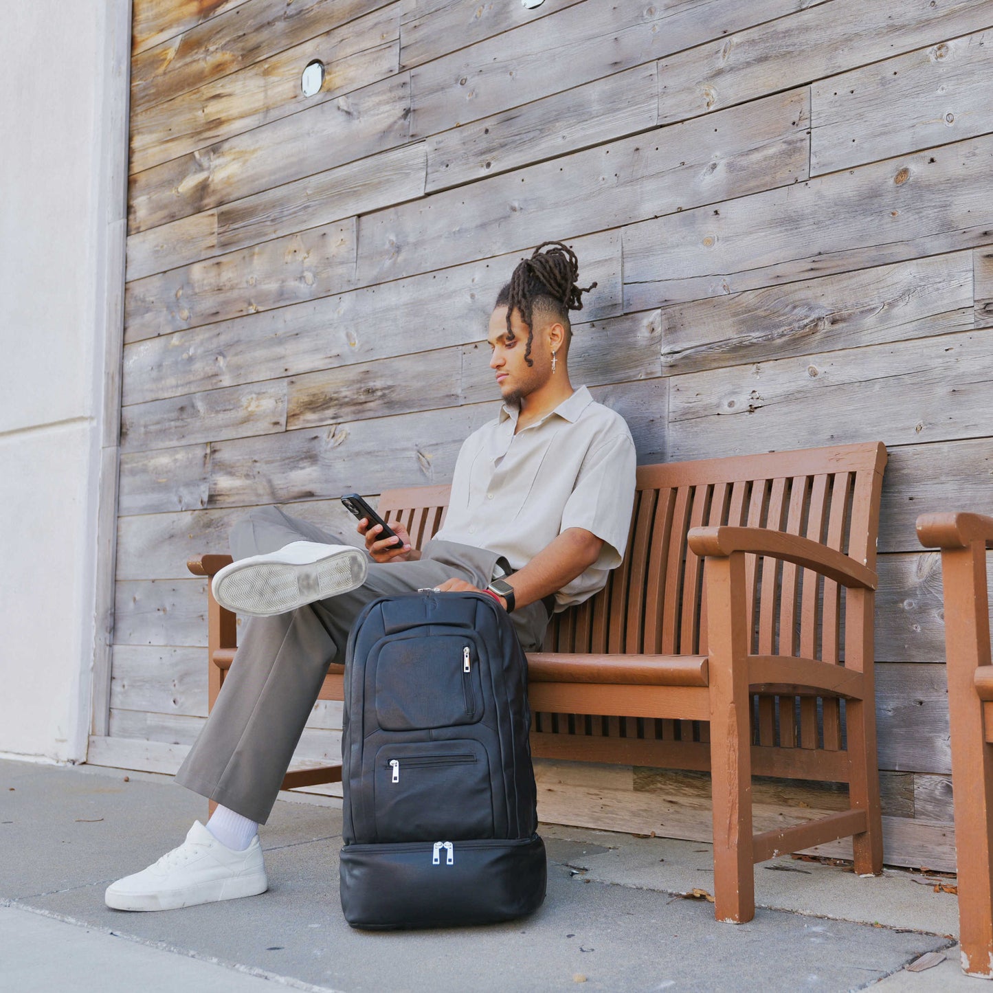 Black Leather Patented Carry On Backpack Sole Premise