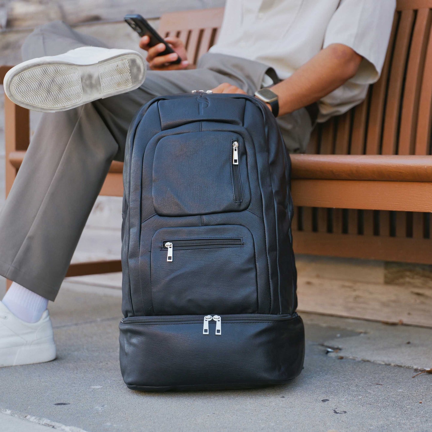 Black Leather Patented Carry On Backpack Sole Premise