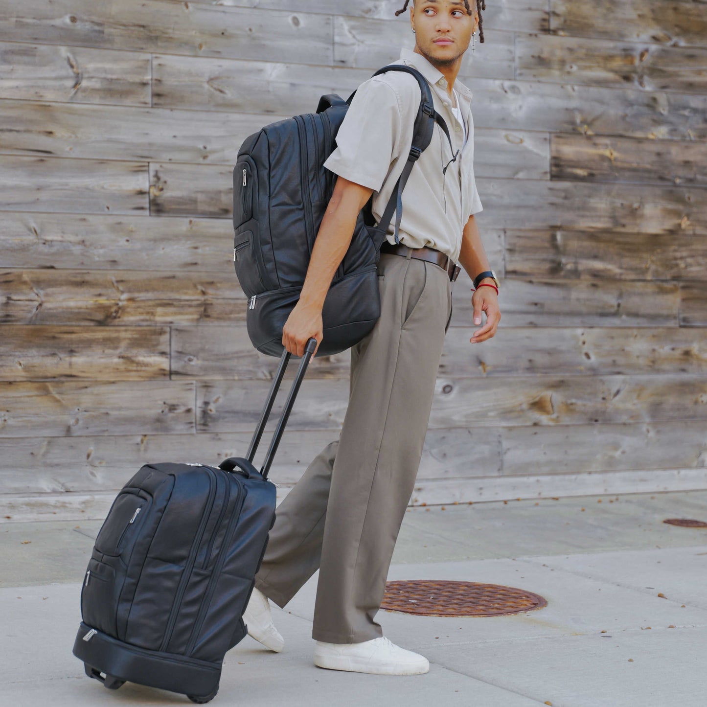 Black Leather Patented Carry On Backpack Sole Premise
