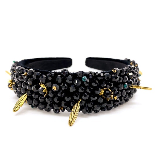 Black Beaded Headband with Gold Embellishments Blossom Headband ADIBA