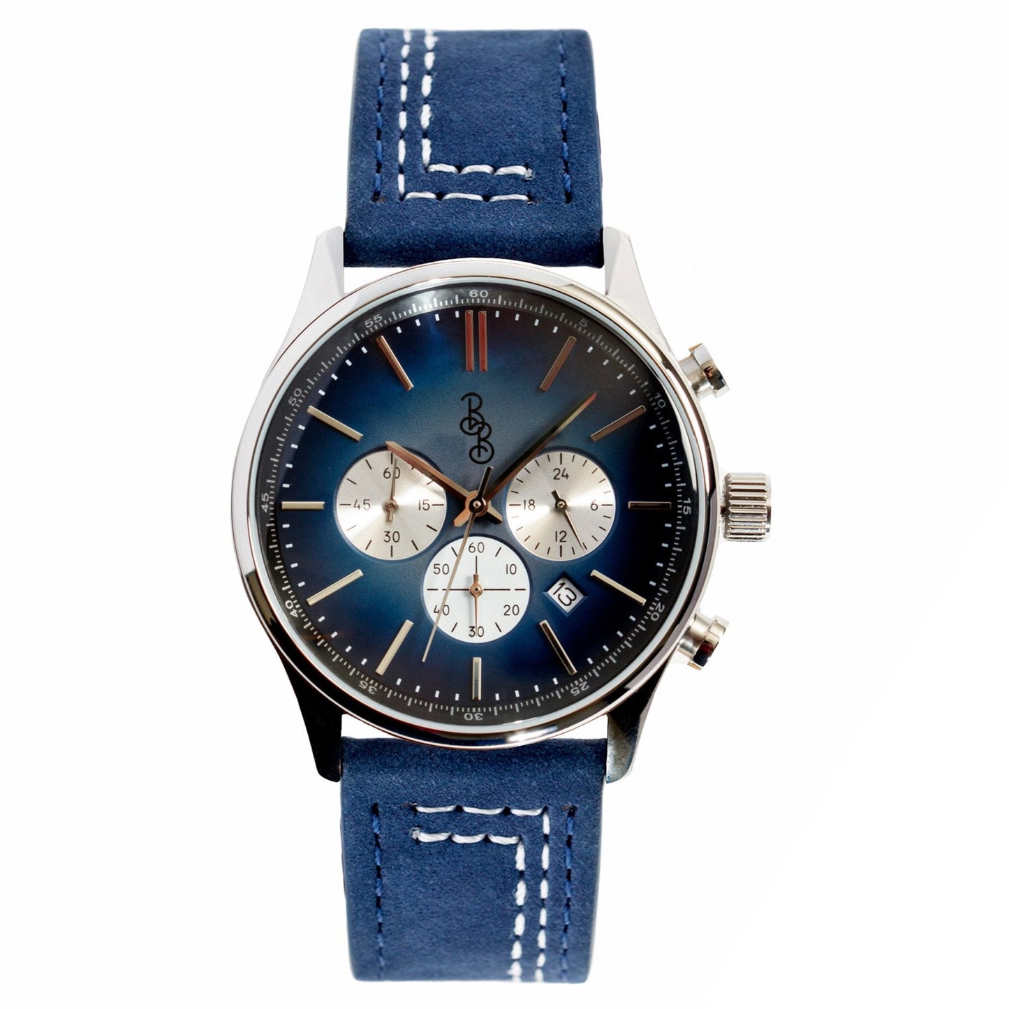 Blue Retro Chronograph Watch 41mm Stainless Steel Case The Beyond Boring Watch Company