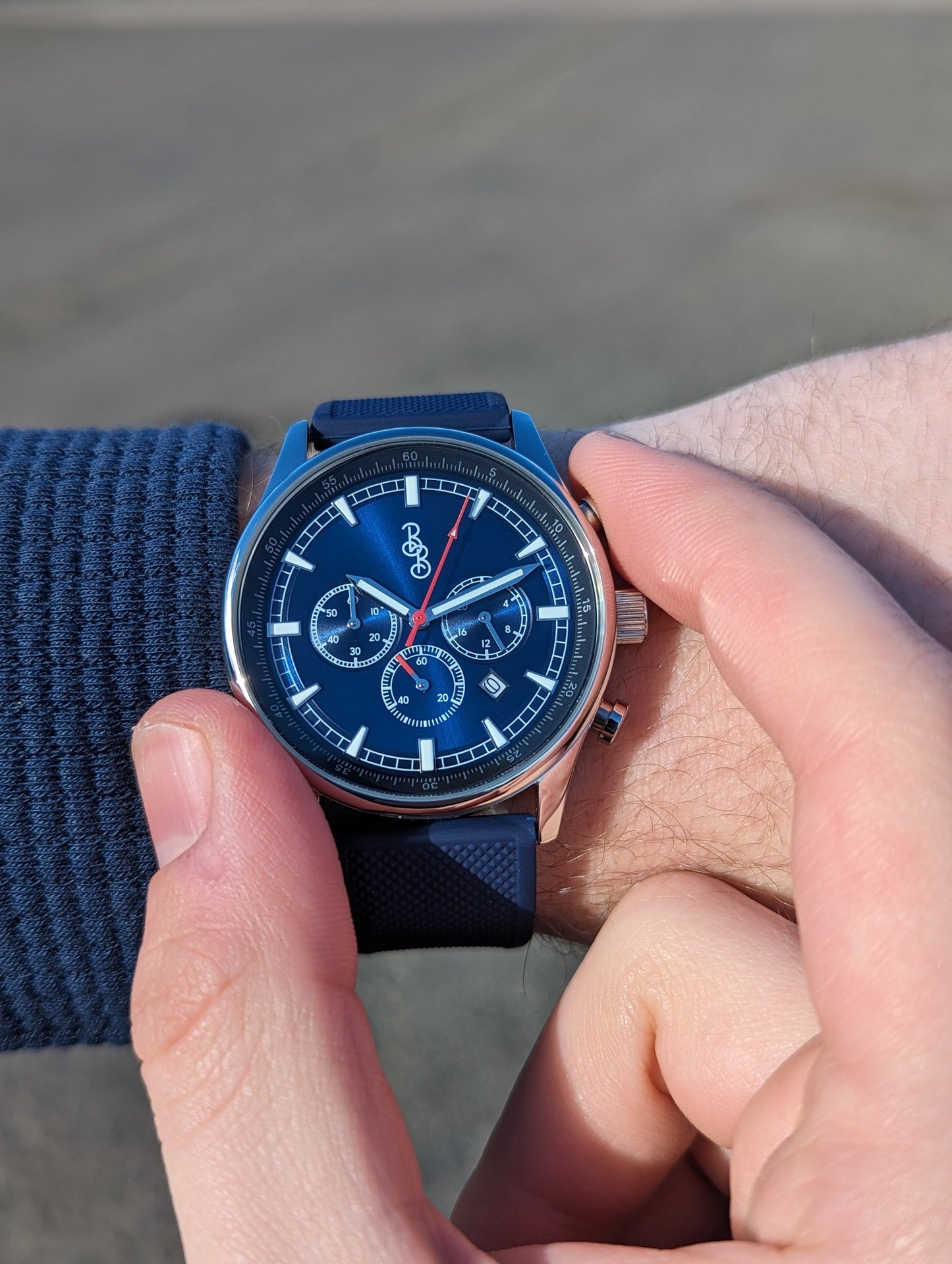 Blue Sport Chronograph Blue Silicone Strap Watch The Beyond Boring Watch Company