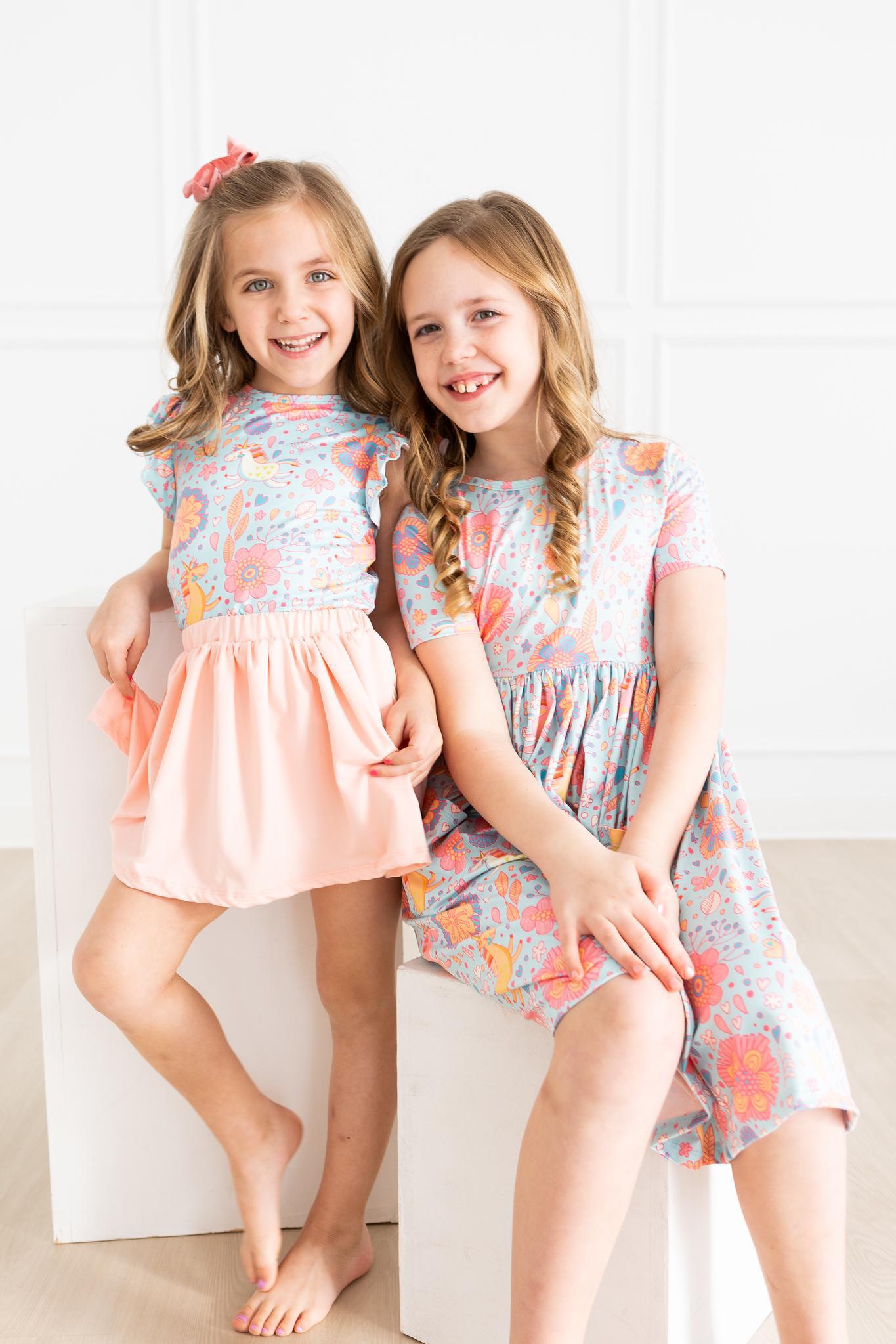 Blue Retro Unicorns S/S Ruffle Tee Girls Basic Top Mila & Rose