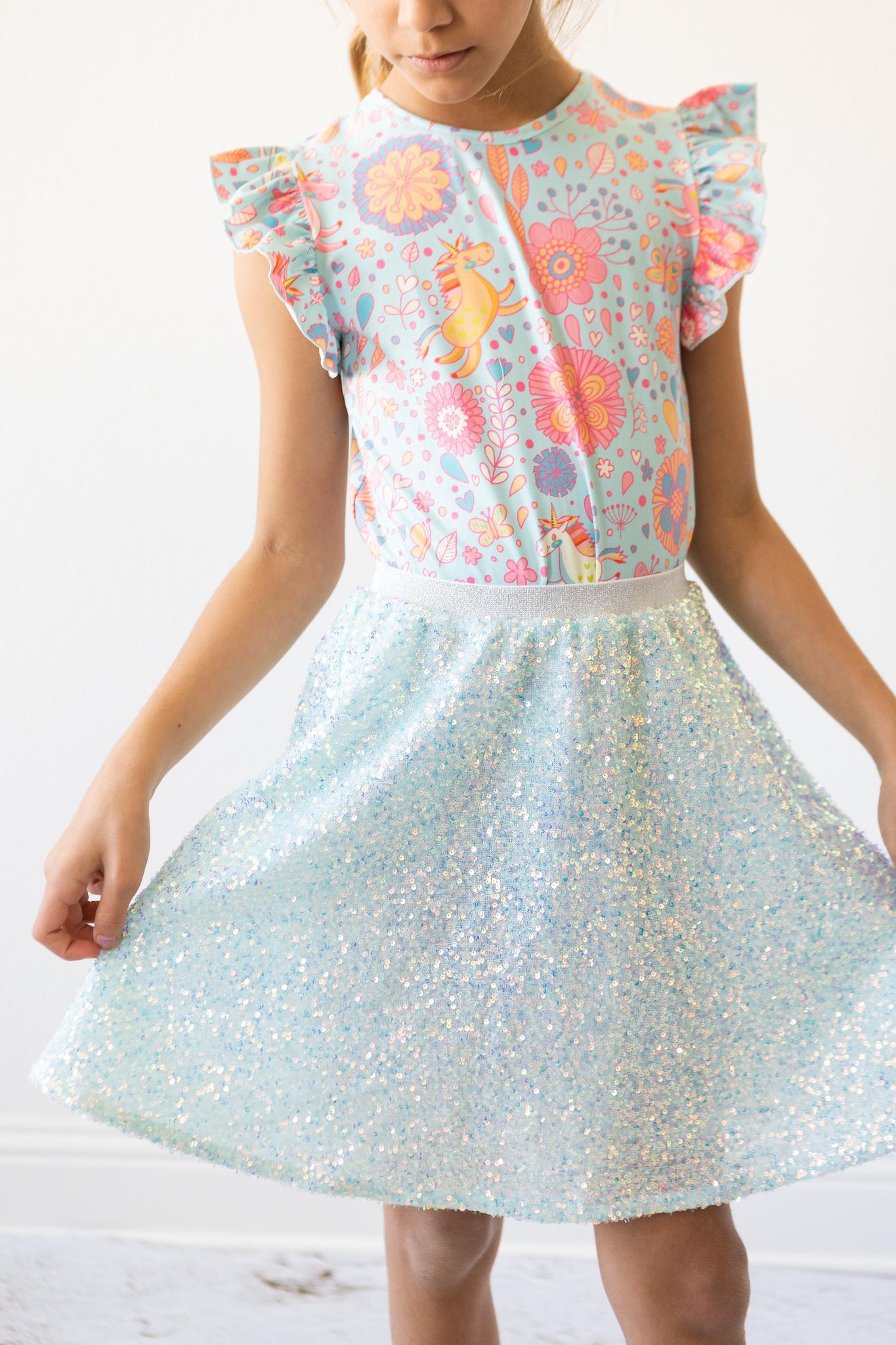 Blue Retro Unicorns S/S Ruffle Tee Girls Basic Top Mila & Rose