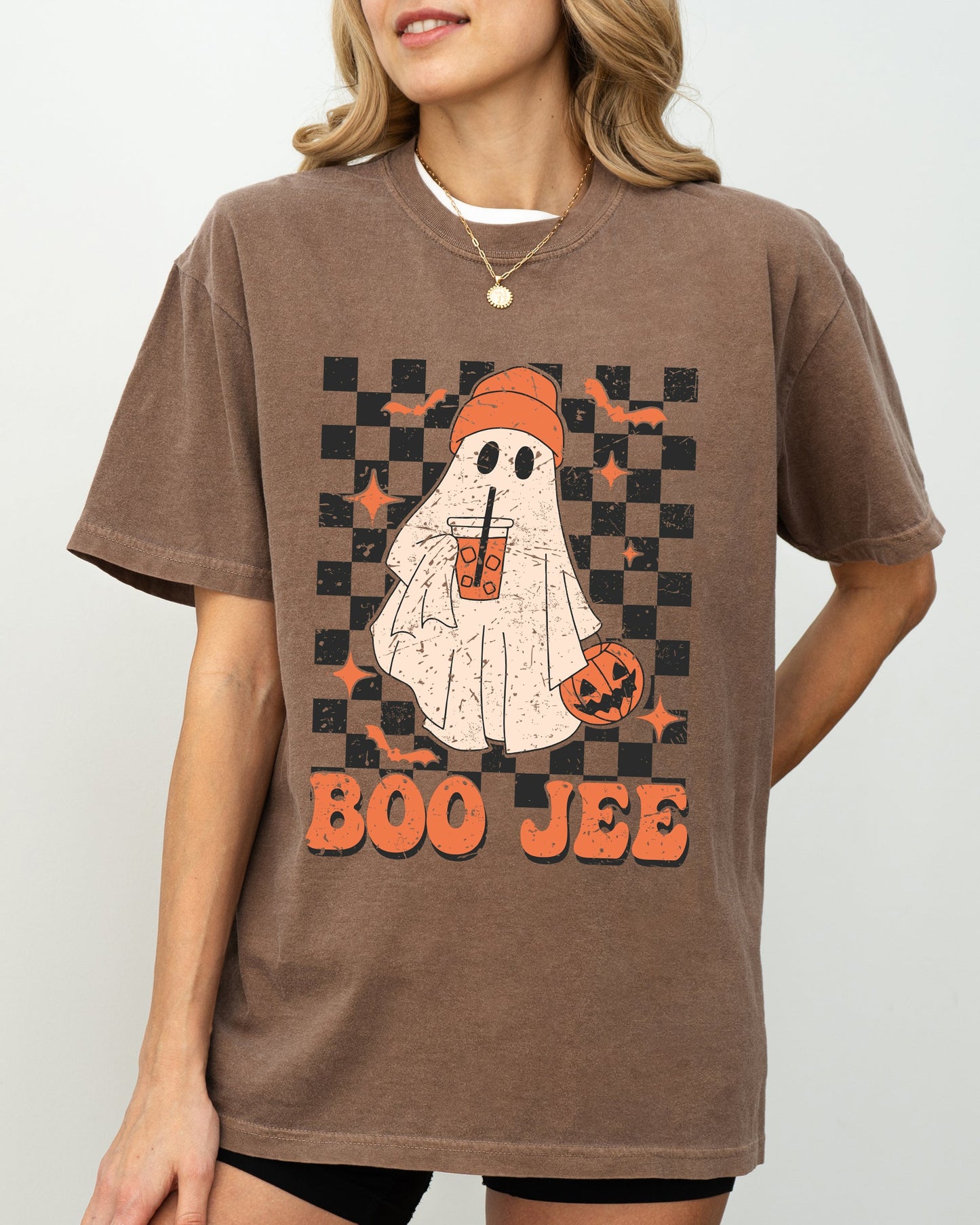 Boo-Jee Ghost Checkered Coffee Drink Shirt Comfort Colors T-Shirt