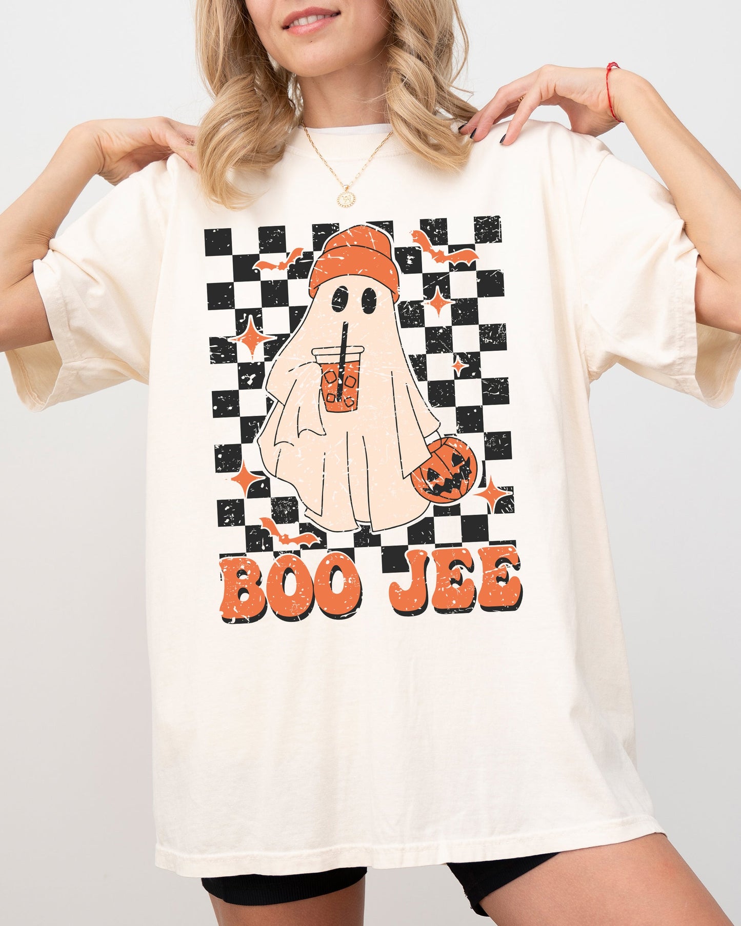 Boo-Jee Ghost Checkered Coffee Drink Shirt Comfort Colors T-Shirt