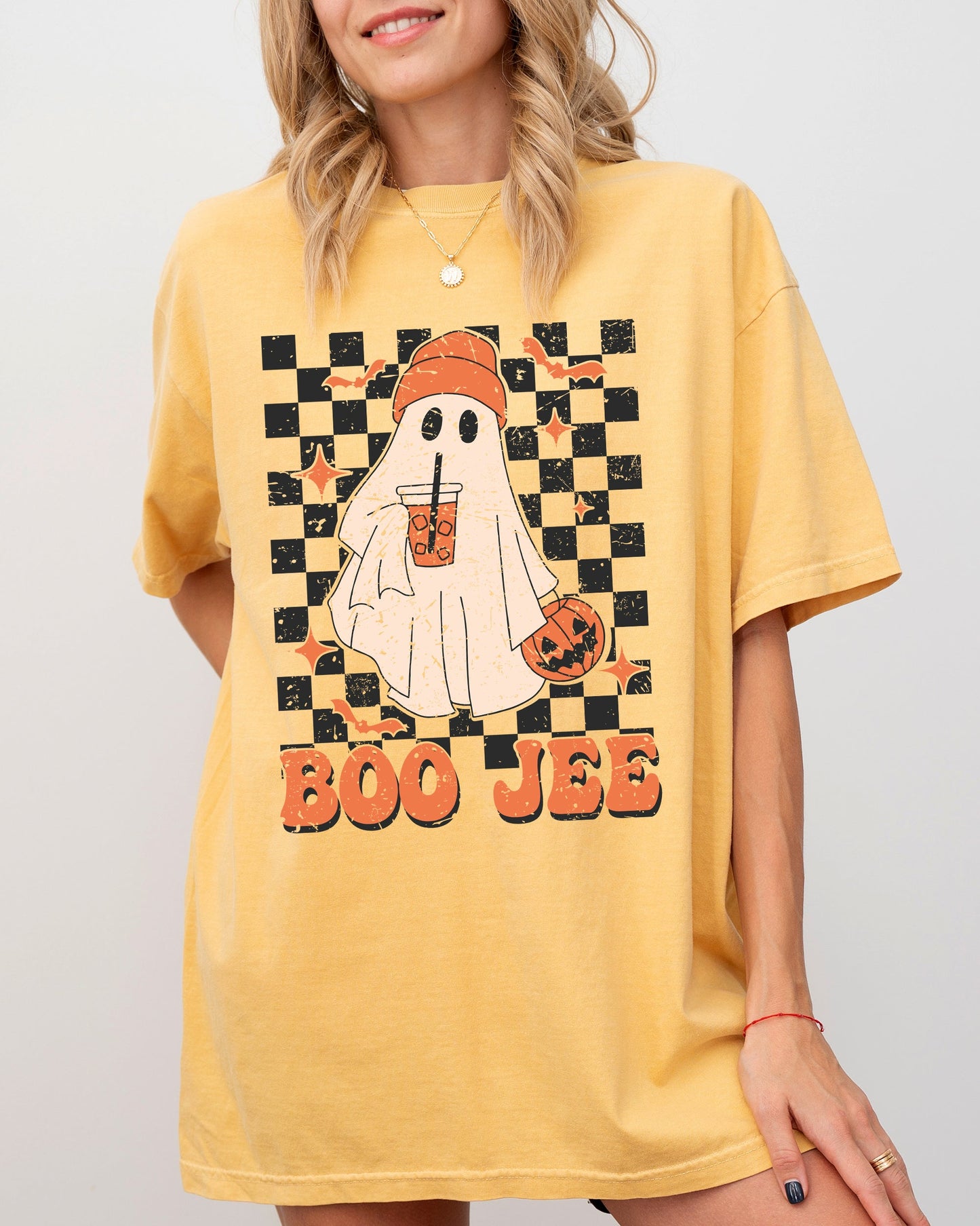 Boo-Jee Ghost Checkered Coffee Drink Shirt Comfort Colors T-Shirt