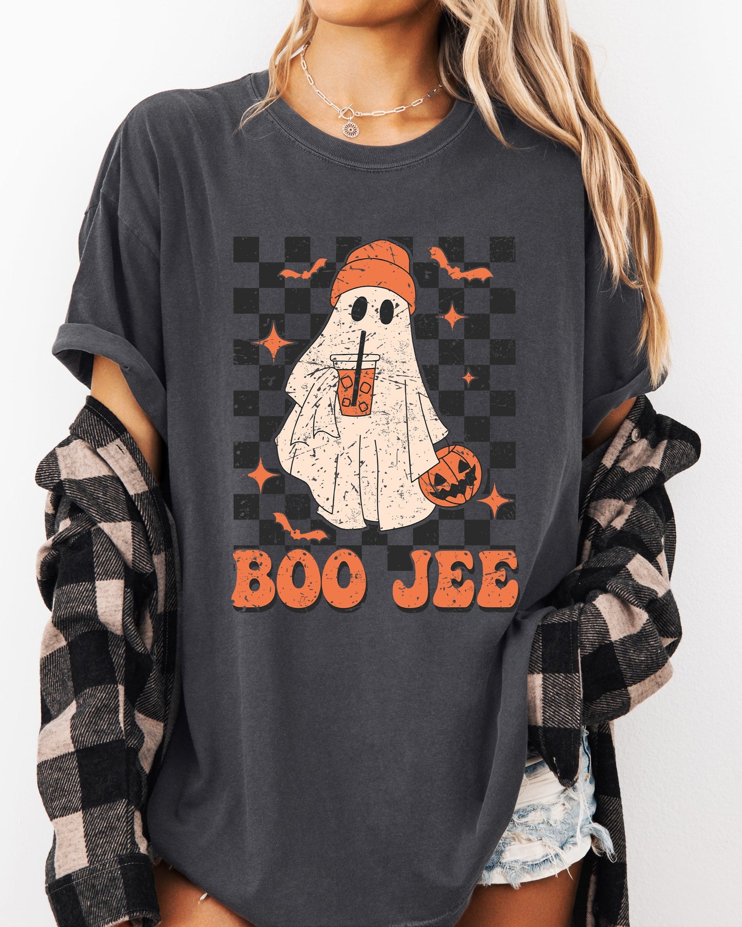 Boo-Jee Ghost Checkered Coffee Drink Shirt Comfort Colors T-Shirt