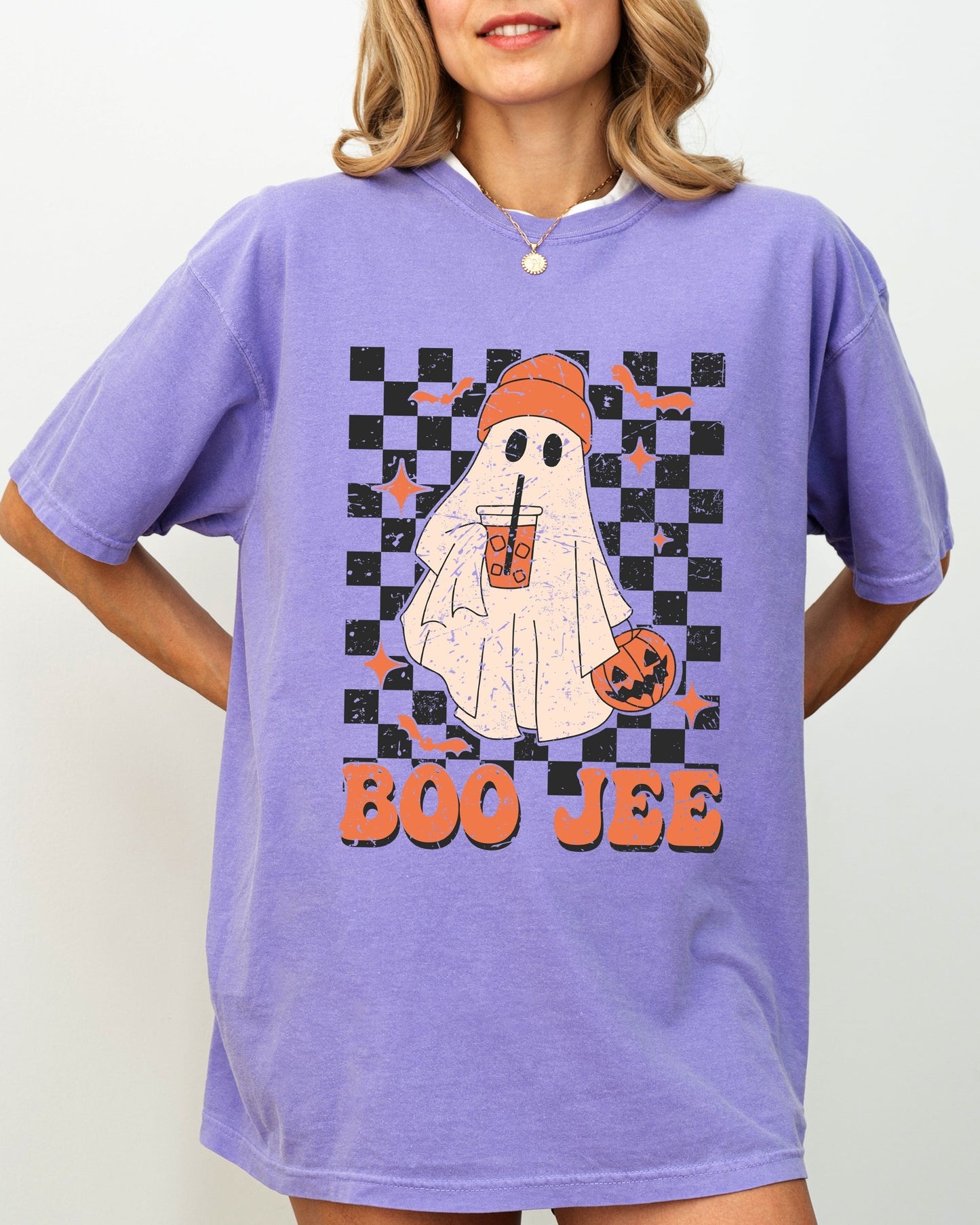 Boo-Jee Ghost Checkered Coffee Drink Shirt Comfort Colors T-Shirt