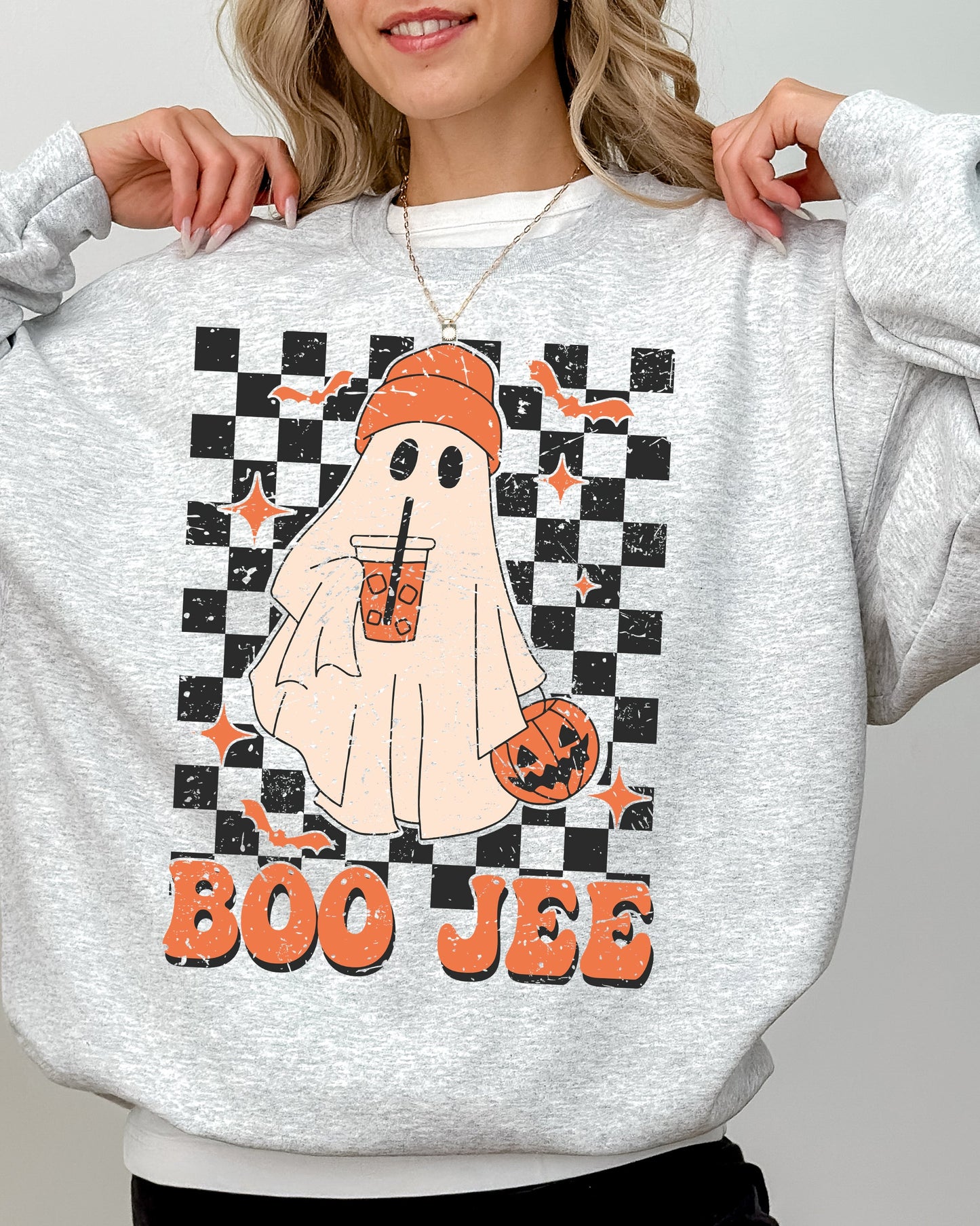 Boo-Jee Ghost Checkered Retro Halloween Coffee Drink Sweatshirt