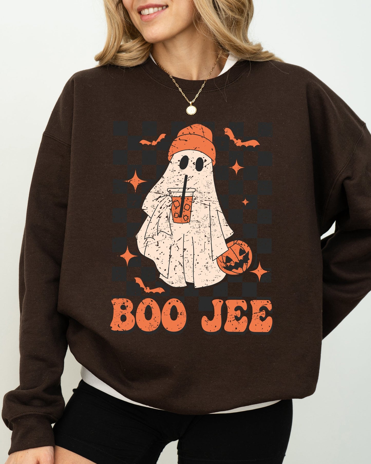 Boo-Jee Ghost Checkered Retro Halloween Coffee Drink Sweatshirt