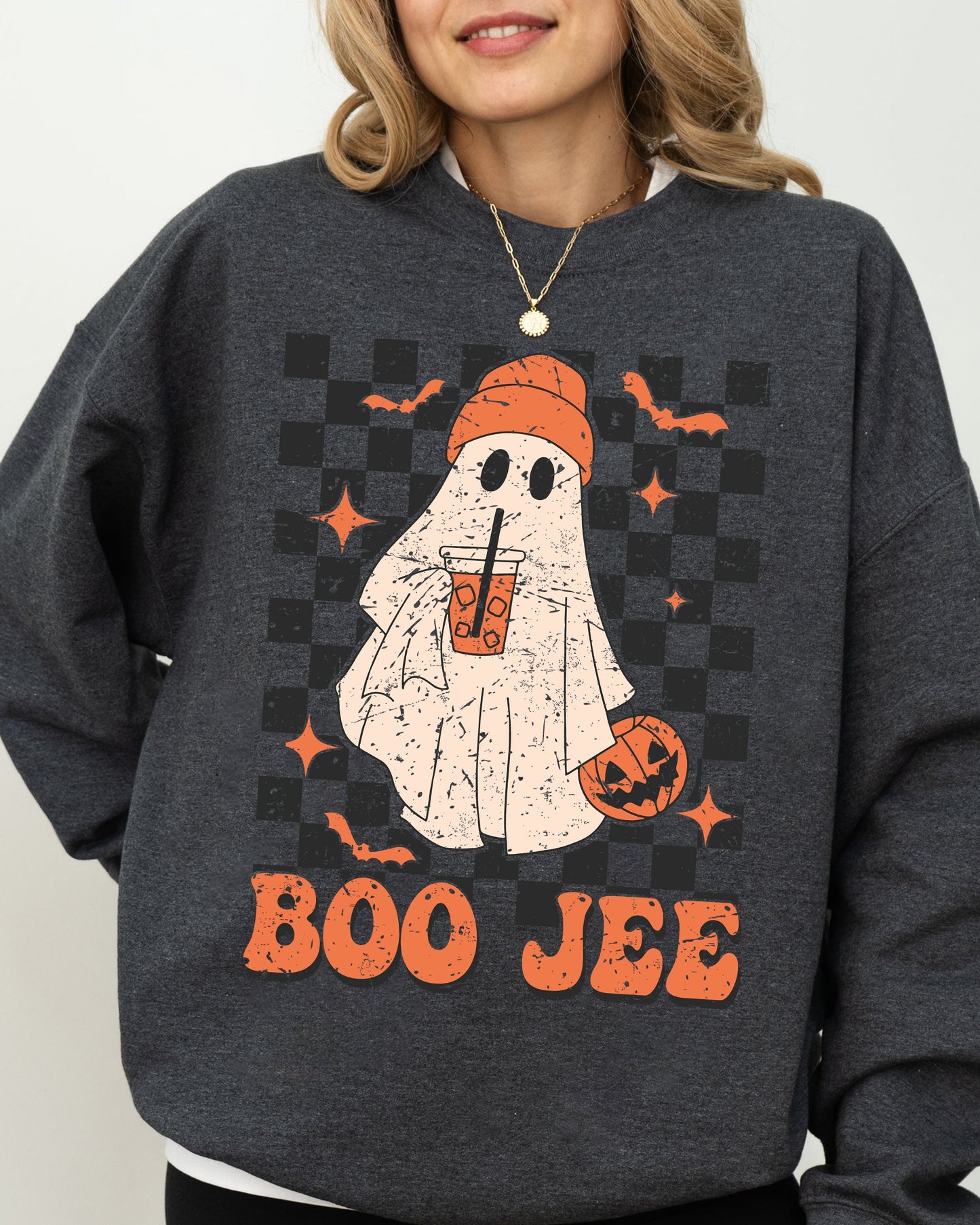 Boo-Jee Ghost Checkered Retro Halloween Coffee Drink Sweatshirt