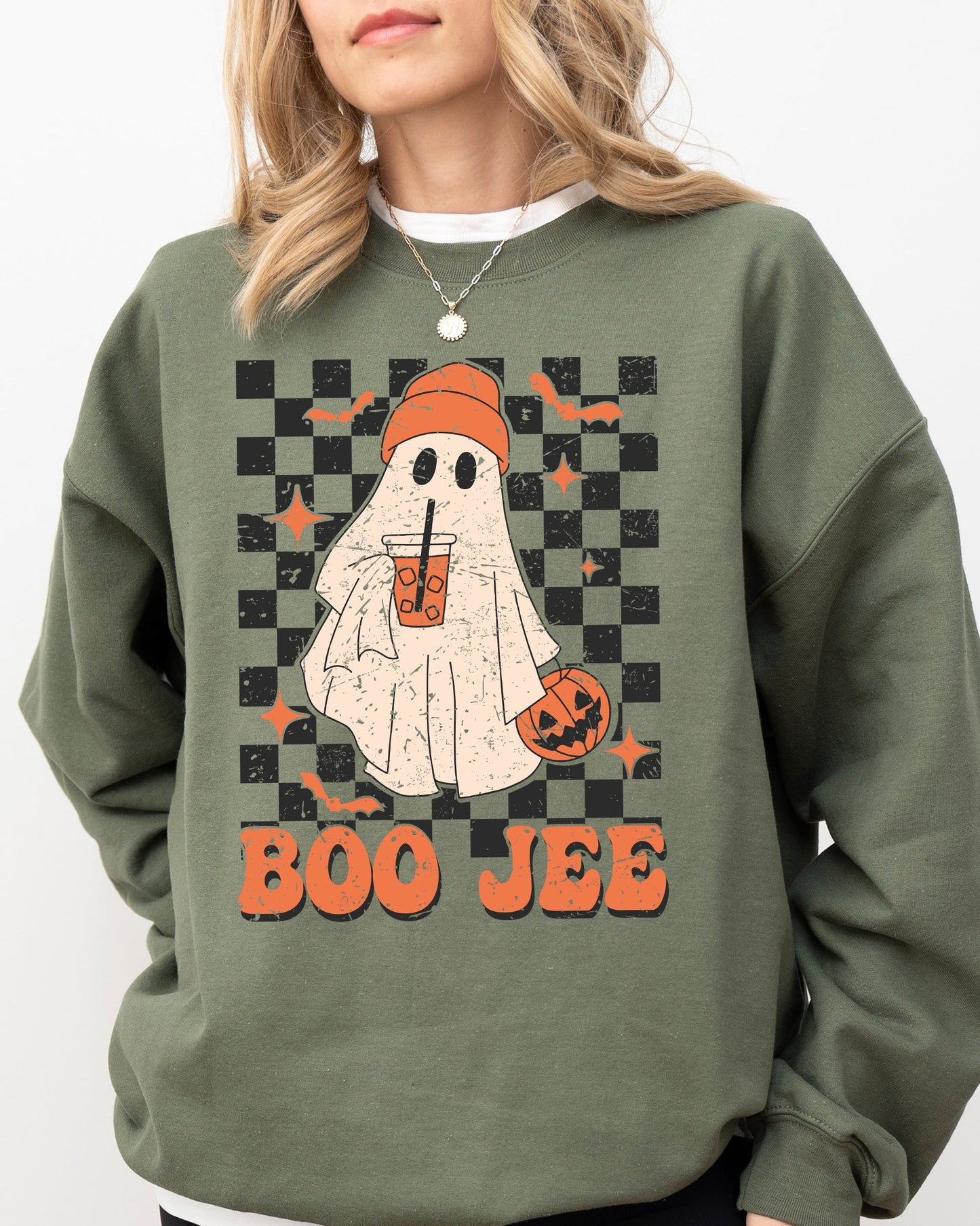 Boo-Jee Ghost Checkered Retro Halloween Coffee Drink Sweatshirt