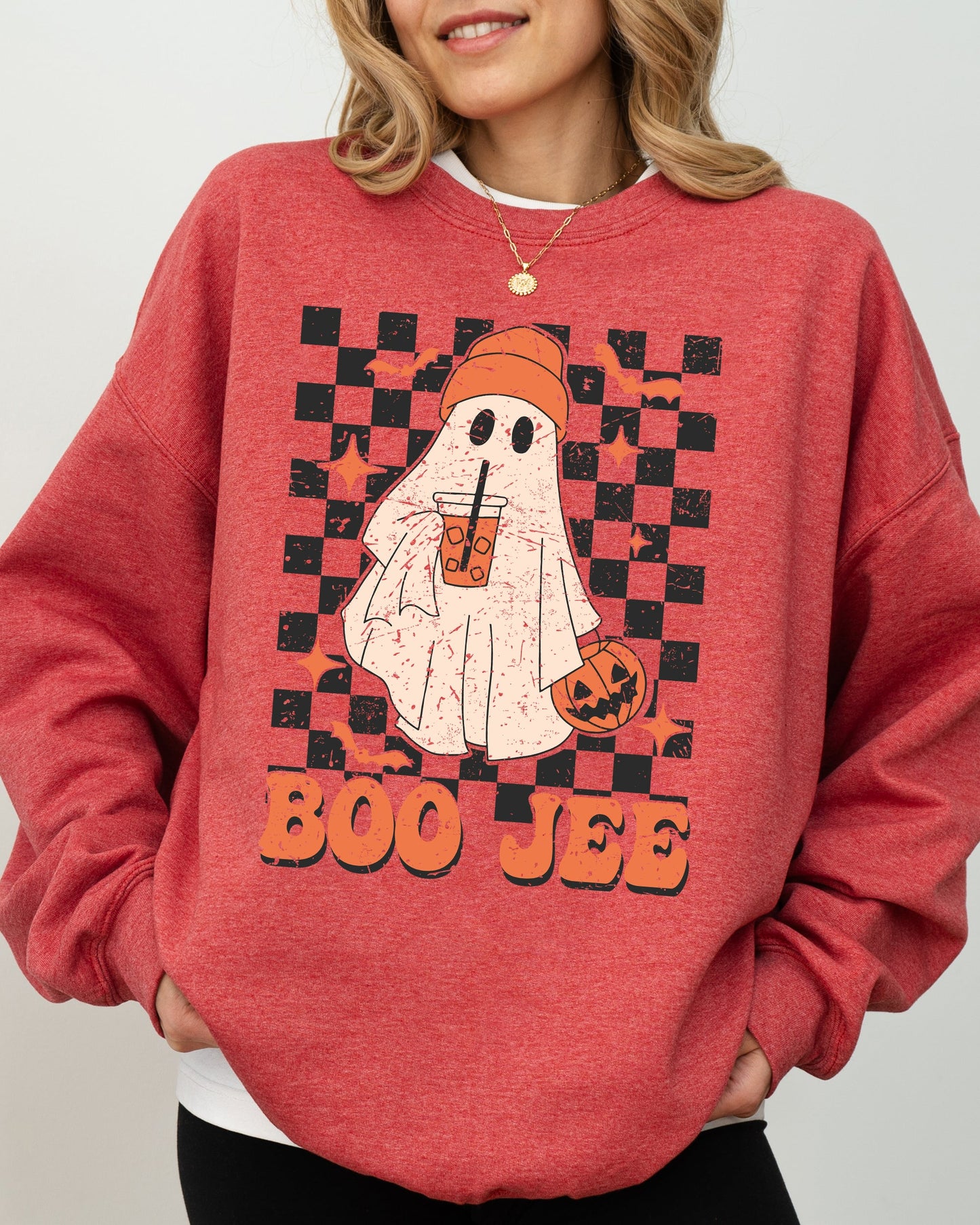 Boo-Jee Ghost Checkered Retro Halloween Coffee Drink Sweatshirt