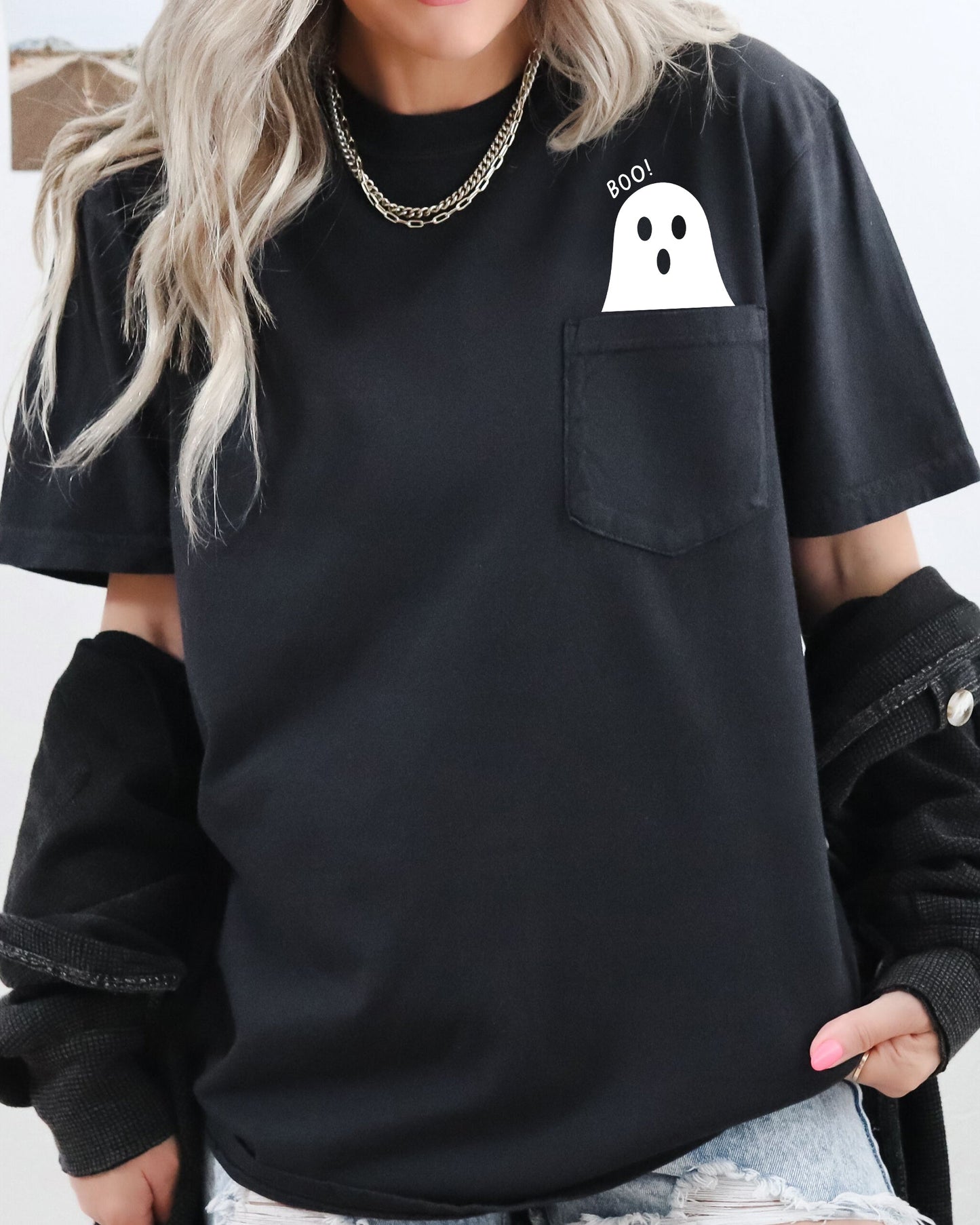 Ghost Halloween Pocket Cute Skeleton Tee Comfort Colors T-Shirt