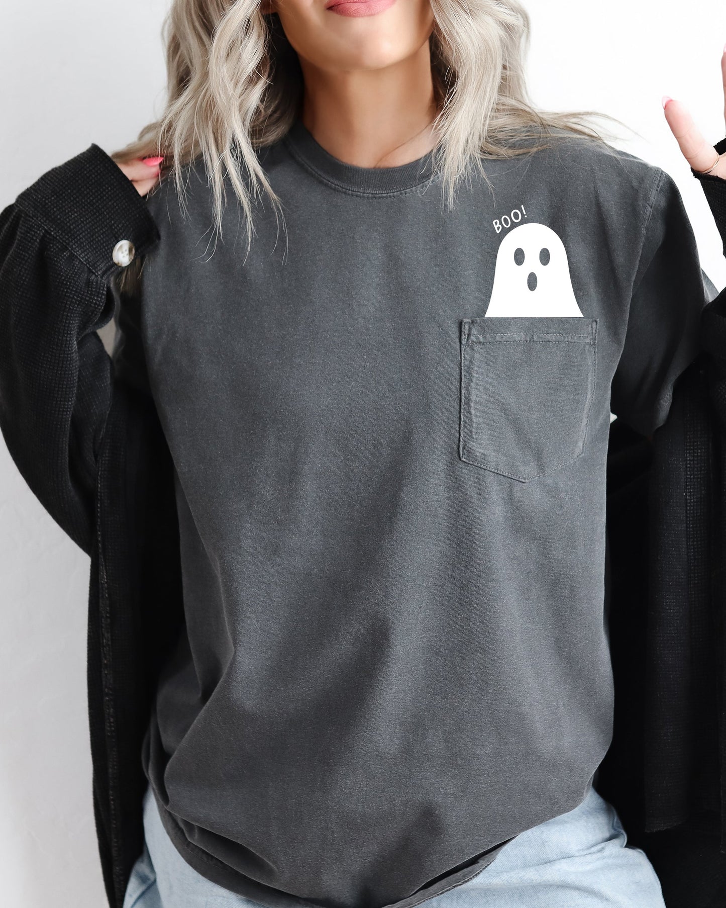 Ghost Halloween Pocket Cute Skeleton Tee Comfort Colors T-Shirt