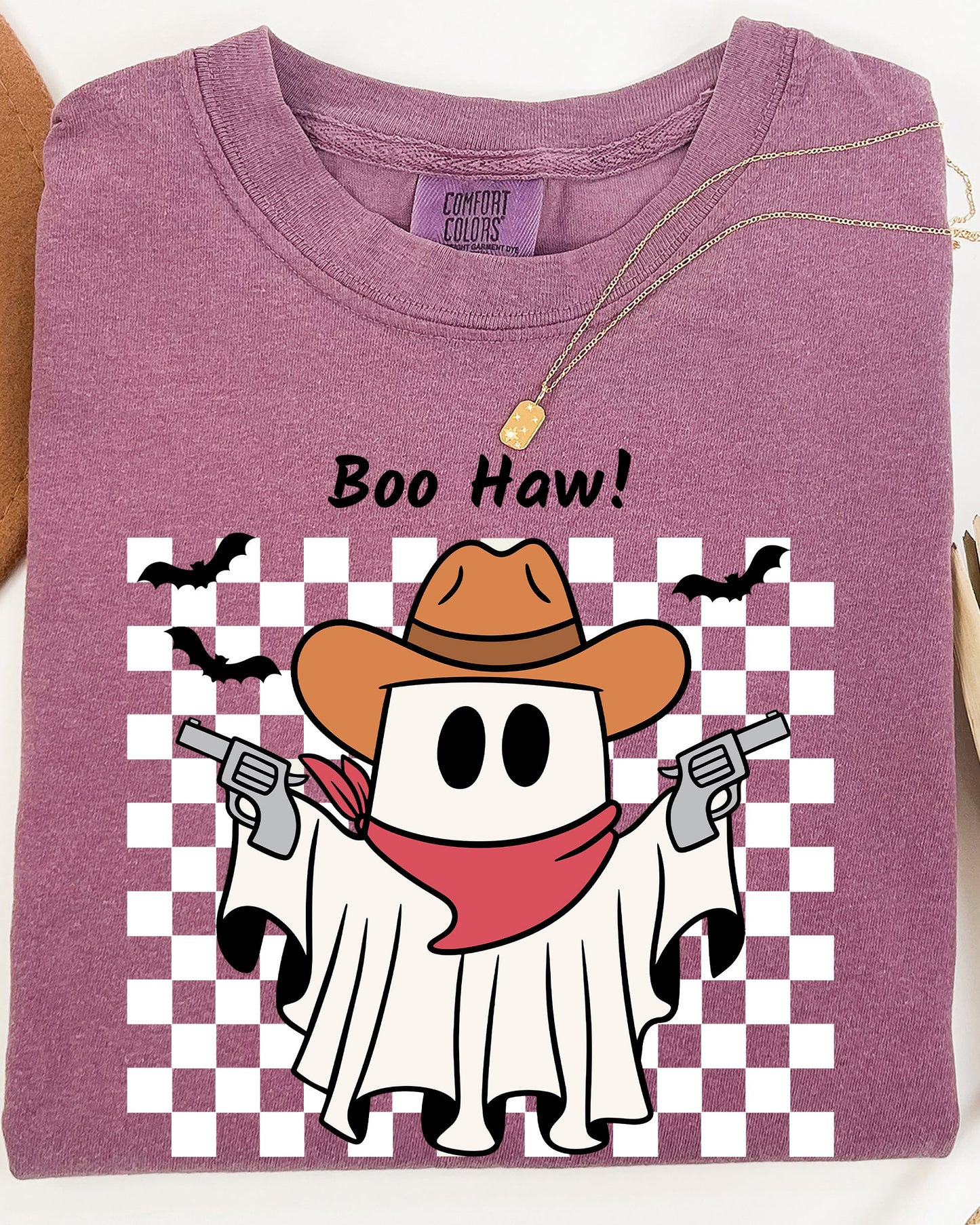 Cowboy Ghost Checkered Western Halloween Shirt Comfort Colors T-Shirt Boo Haw