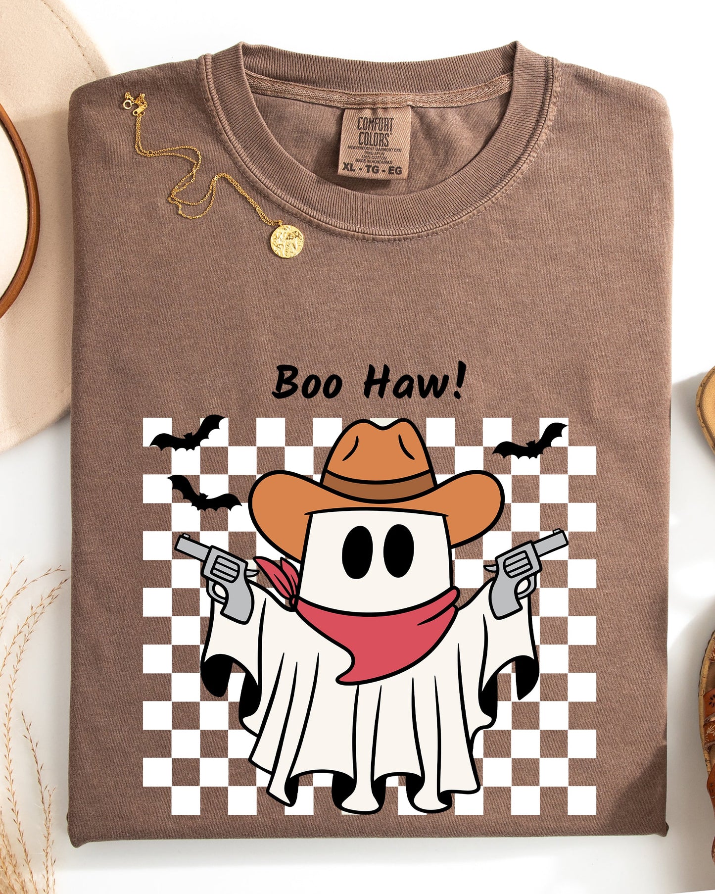 Cowboy Ghost Checkered Western Halloween Shirt Comfort Colors T-Shirt Boo Haw