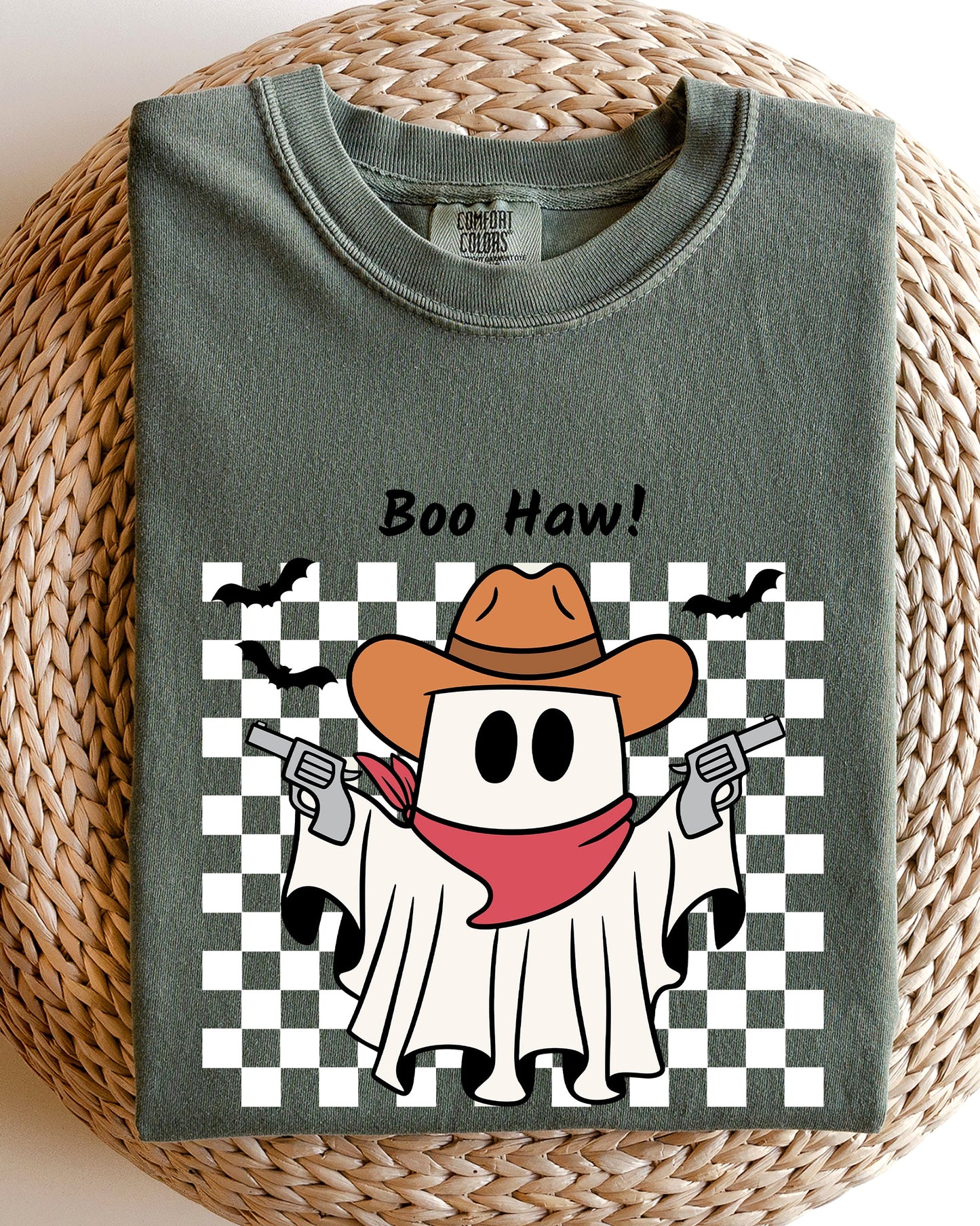 Cowboy Ghost Checkered Western Halloween Shirt Comfort Colors T-Shirt Boo Haw