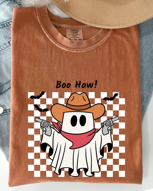 Cowboy Ghost Checkered Western Halloween Shirt Comfort Colors T-Shirt Boo Haw