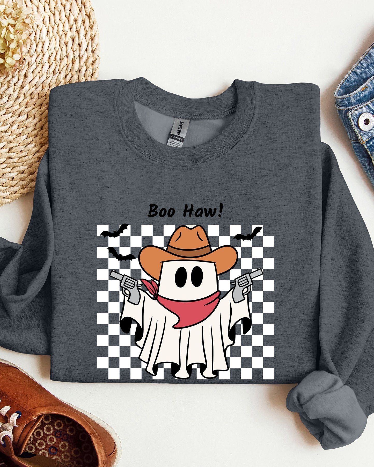Boo Haw Cowboy Ghost Checkered Western Halloween Sweatshirt