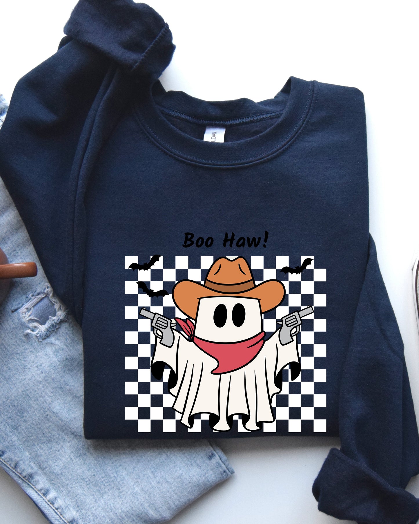 Boo Haw Cowboy Ghost Checkered Western Halloween Sweatshirt