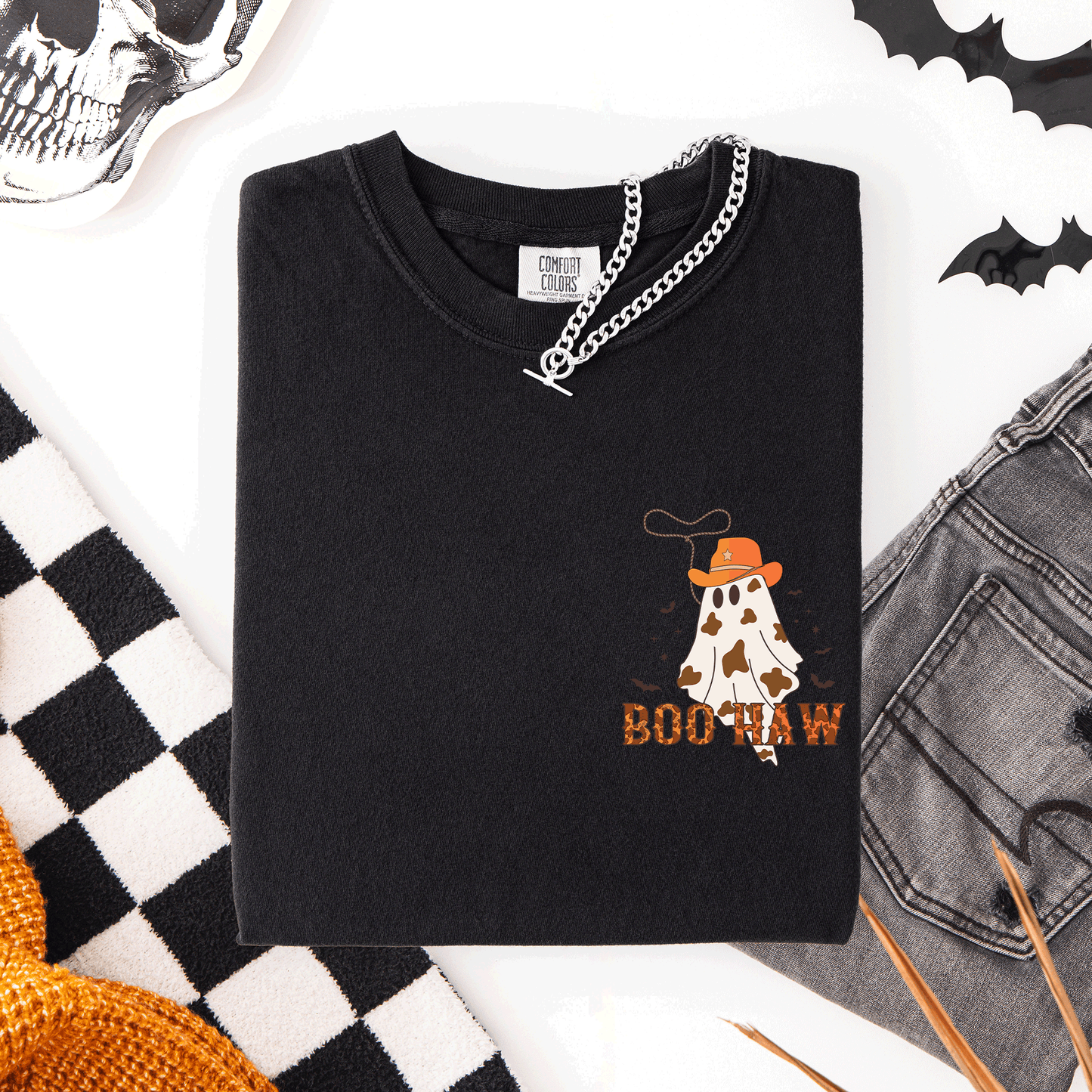 Boo Haw Pocket Comfort Colors T-Shirt Cowboy Western Country Halloween