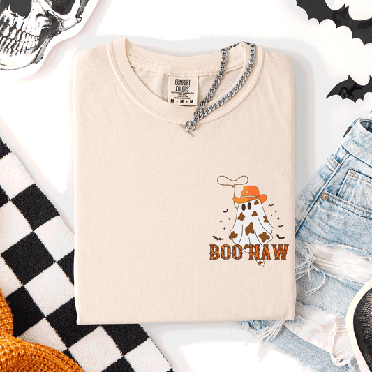 Boo Haw Pocket Comfort Colors T-Shirt Cowboy Western Country Halloween