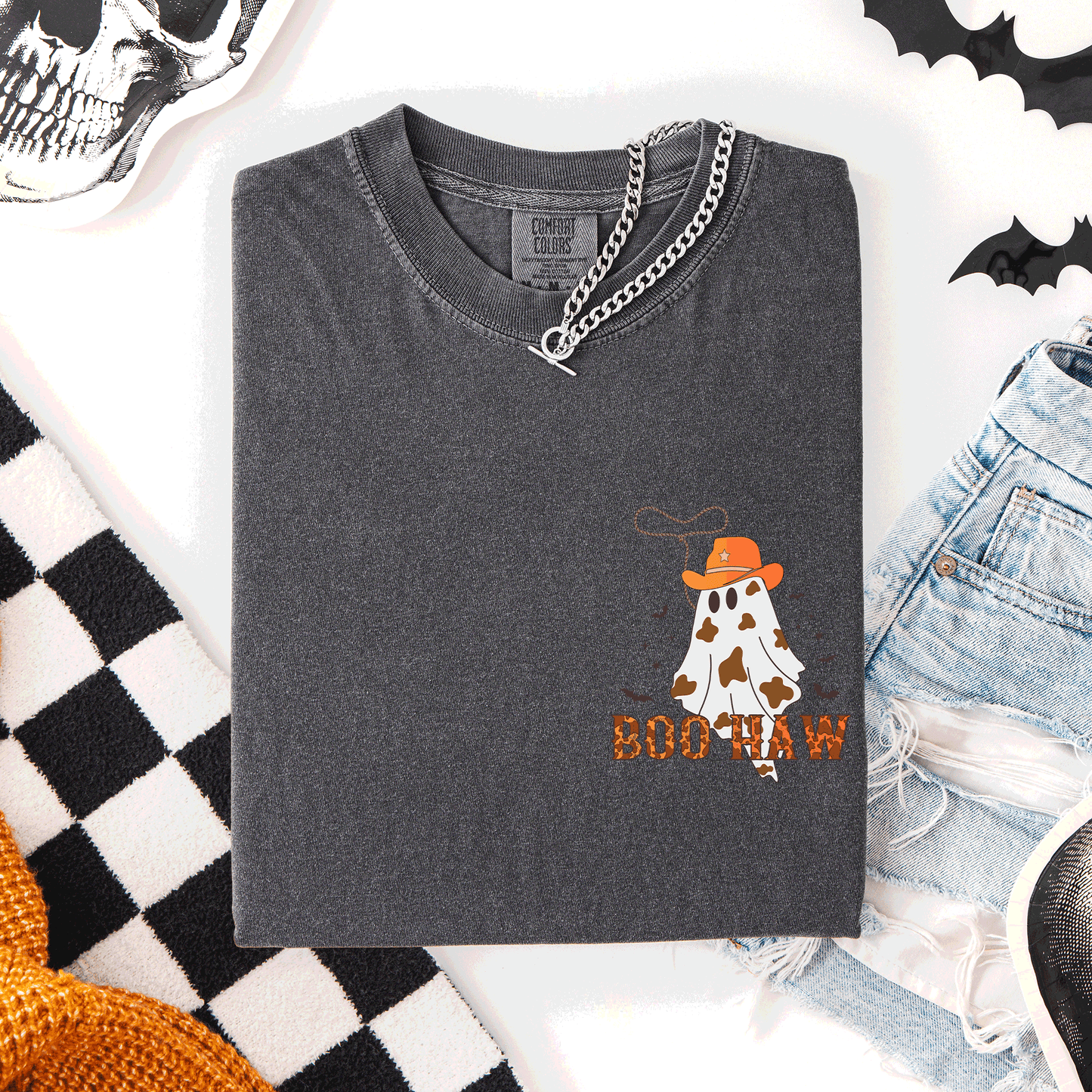 Boo Haw Pocket Comfort Colors T-Shirt Cowboy Western Country Halloween