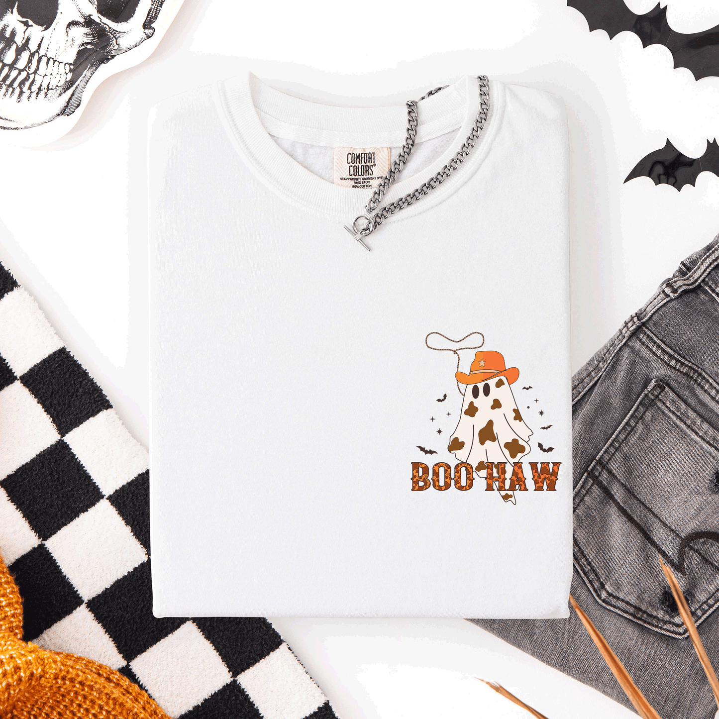 Boo Haw Pocket Comfort Colors T-Shirt Cowboy Western Country Halloween